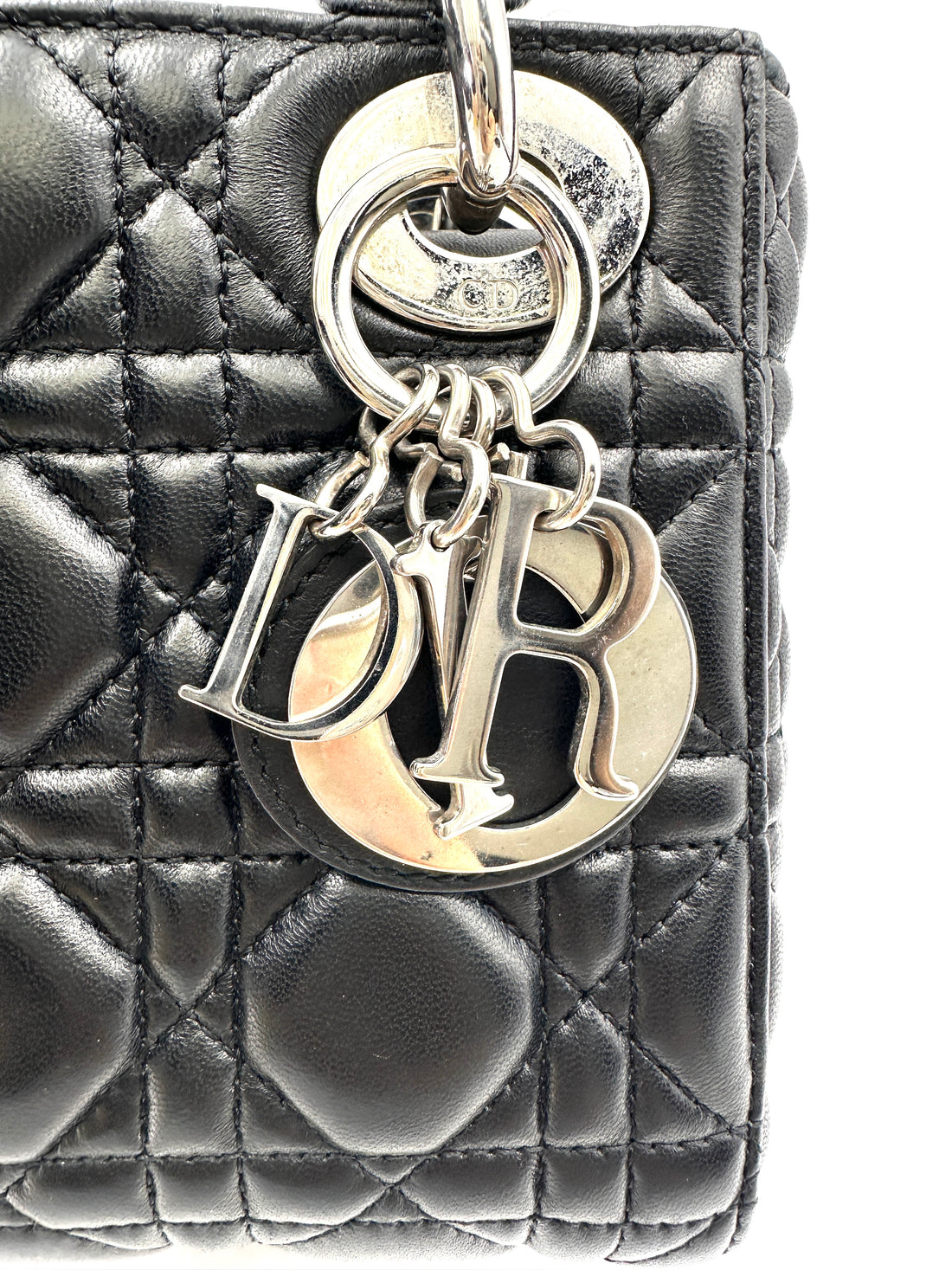 Christian Dior Lady Dior Black Cannage Lambskin Handle Bag With Silver Charms DR683