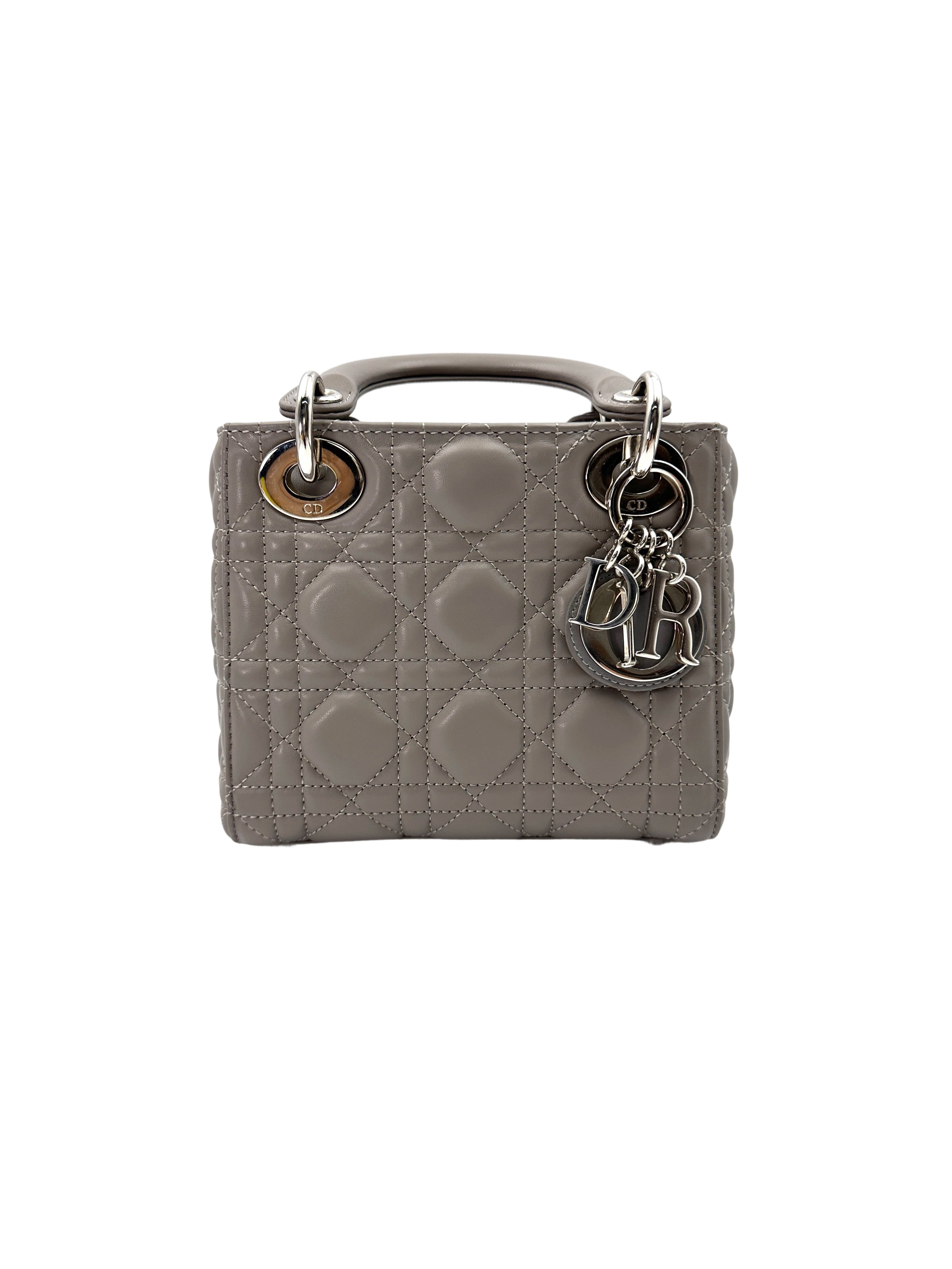 Christian Dior Lady Dior Grey Cannage Lambskin Handle Bag With Silver Charms DR685