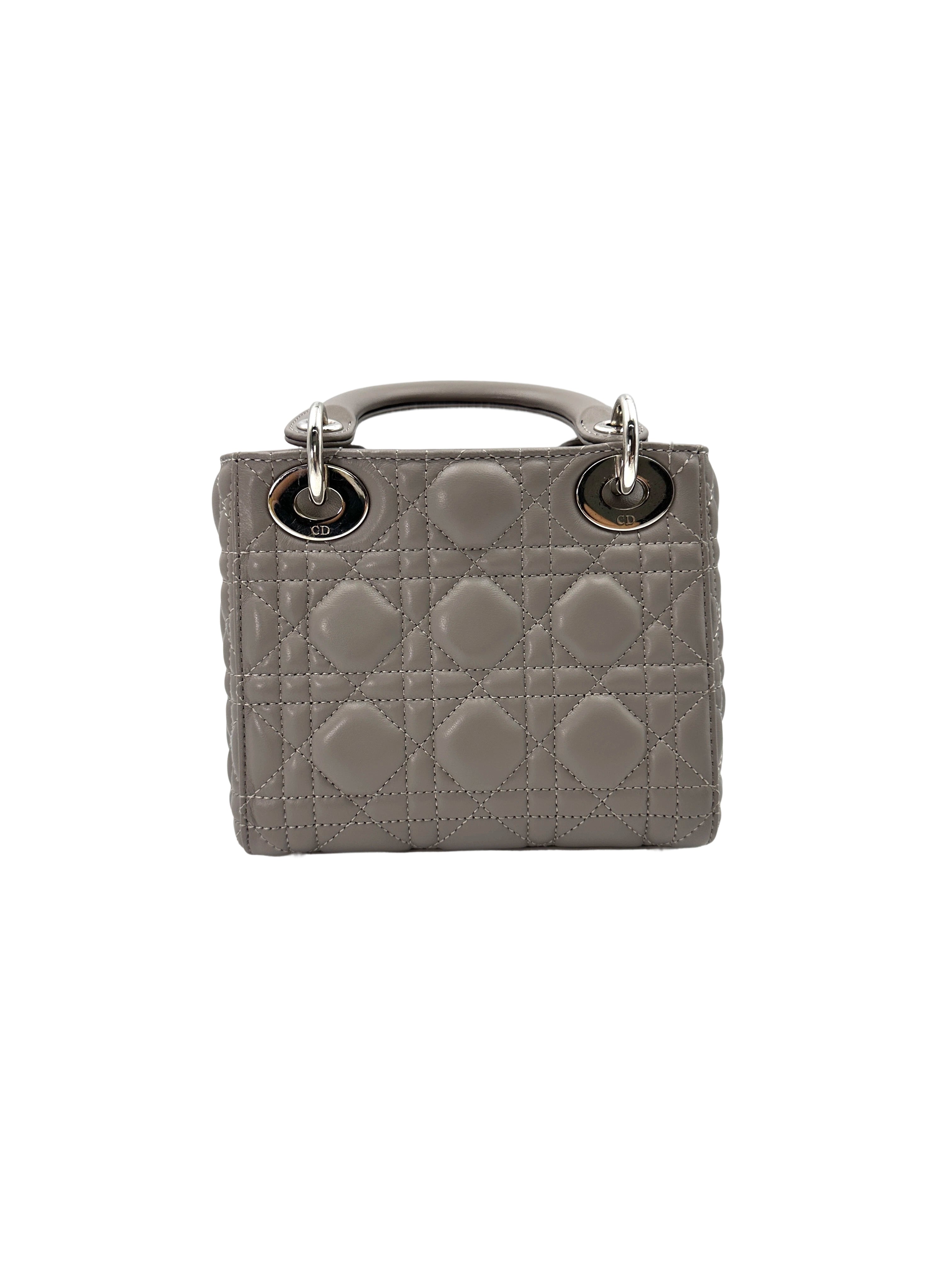 Christian Dior Lady Dior Grey Cannage Lambskin Handle Bag With Silver Charms DR685