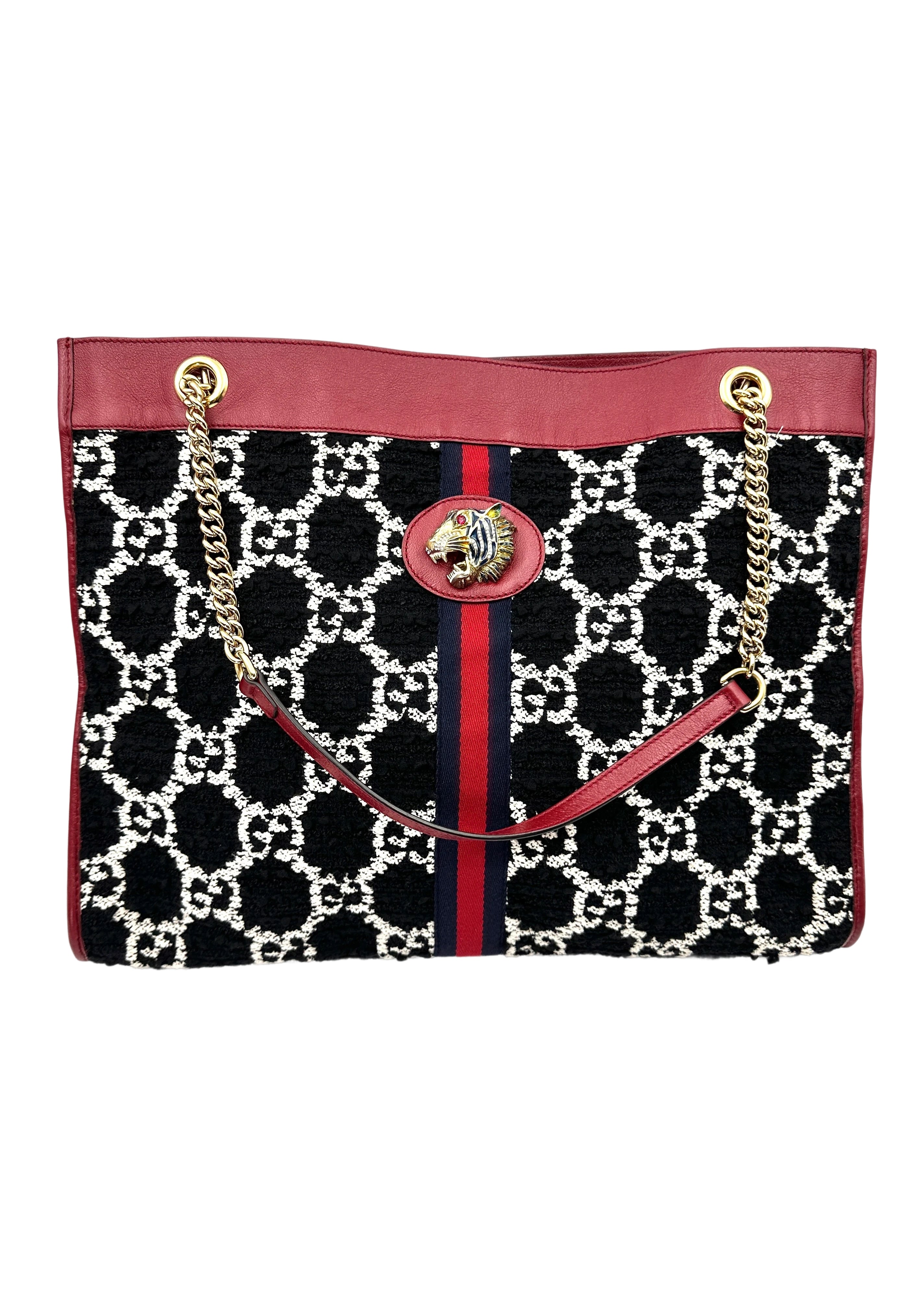 Gucci Rajah Black/White Tweed Shoulder Bag With Crystal Tiger Head GG870