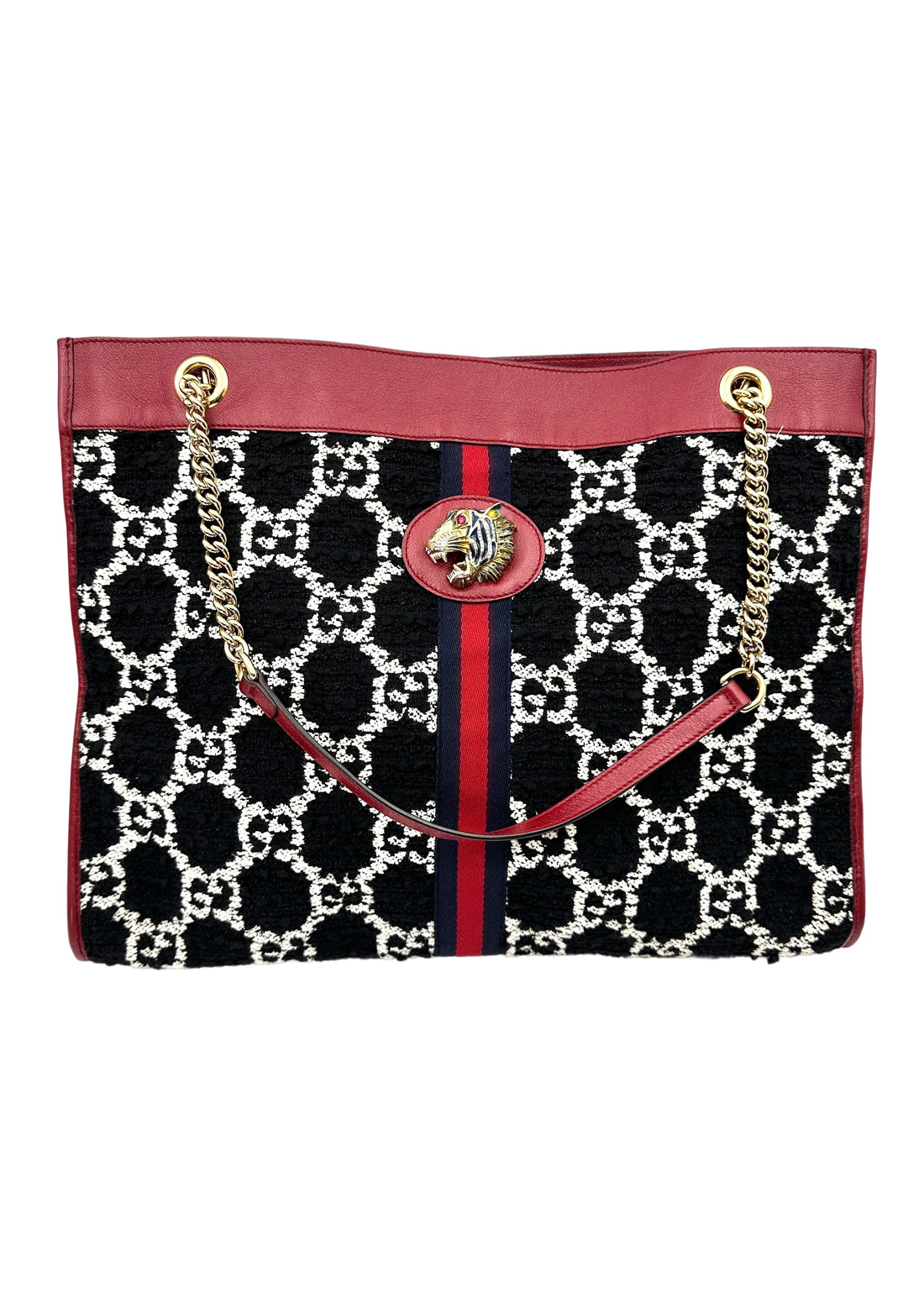 Gucci Rajah Black/White Tweed Shoulder Bag With Crystal Tiger Head GG870