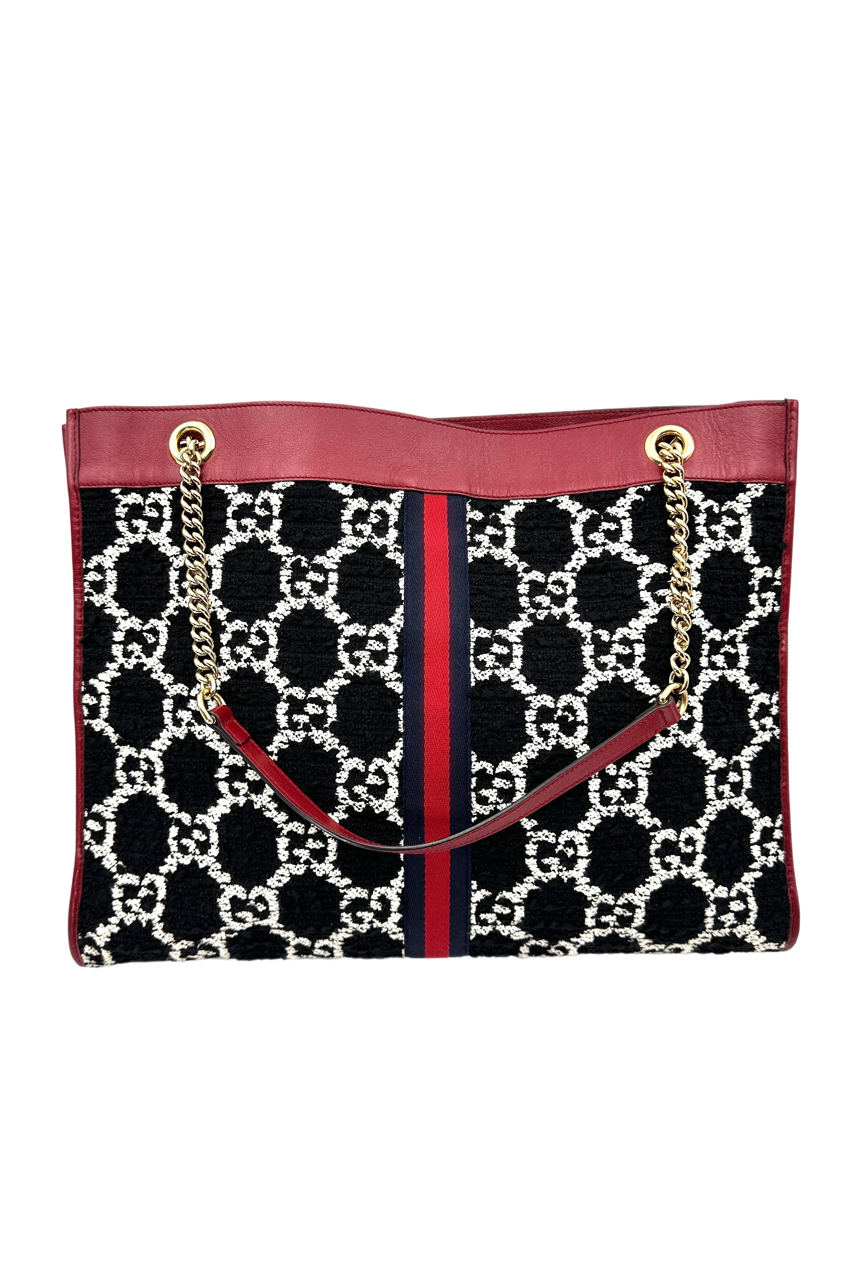 Gucci Rajah Black/White Tweed Shoulder Bag With Crystal Tiger Head GG870