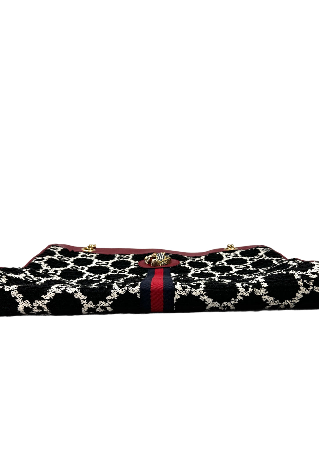 Gucci Rajah Black/White Tweed Shoulder Bag With Crystal Tiger Head GG870
