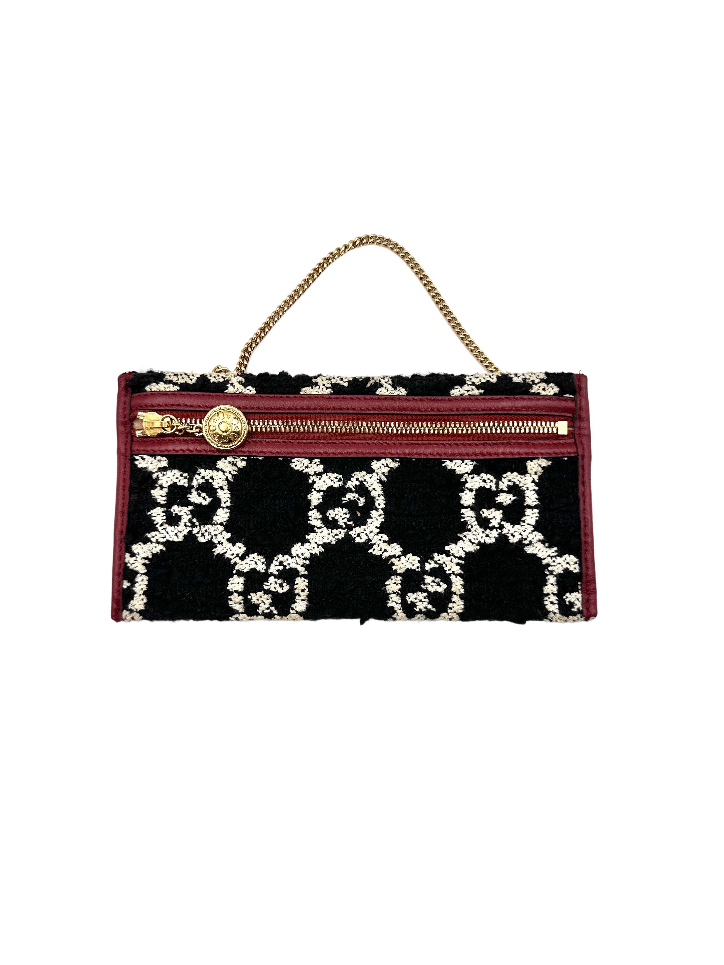 Gucci Rajah Black/White Tweed Shoulder Bag With Crystal Tiger Head GG870
