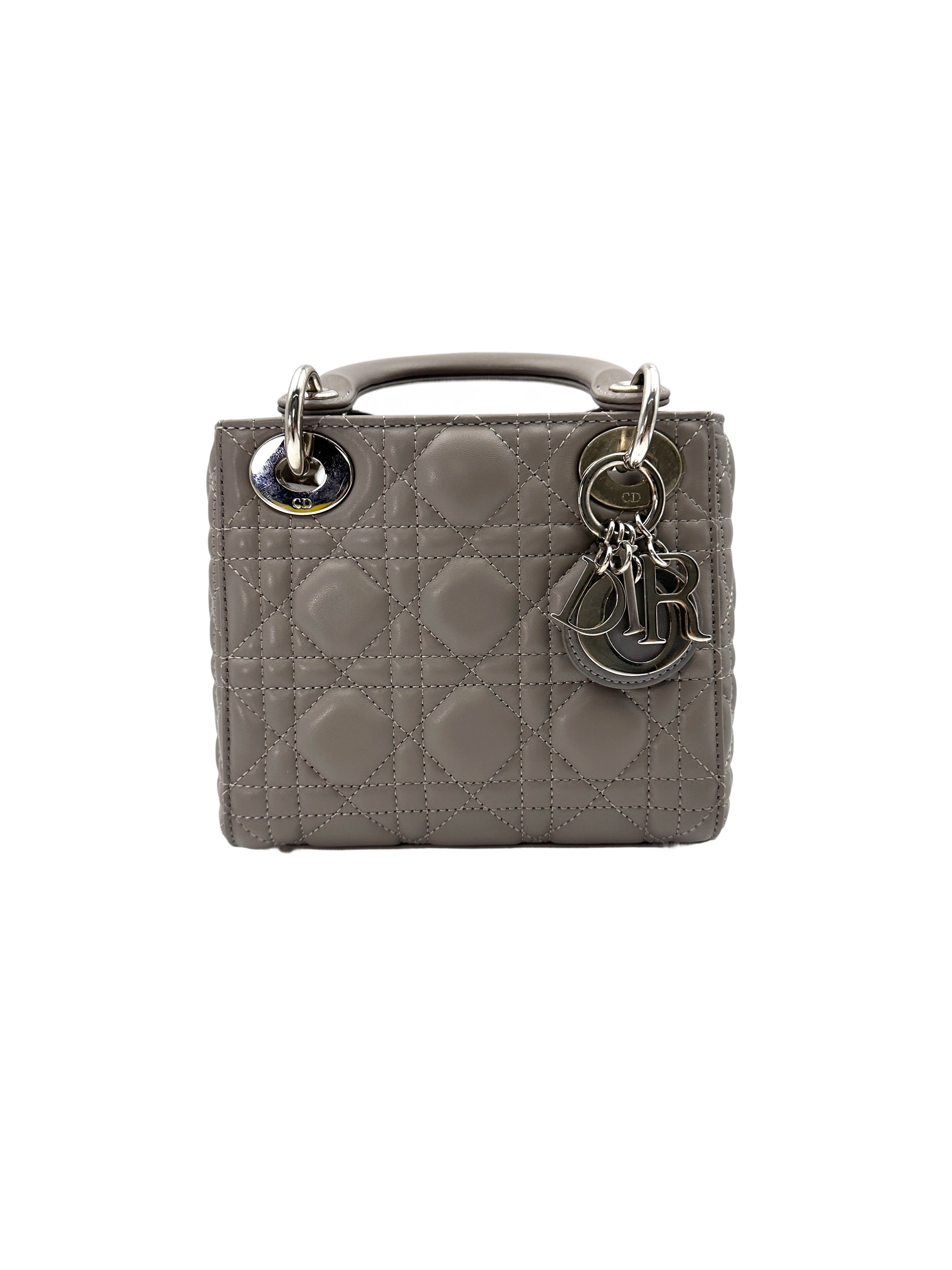 Christian Dior Lady Dior Grey Cannage Lambskin Handle Bag With Silver Charms DR686