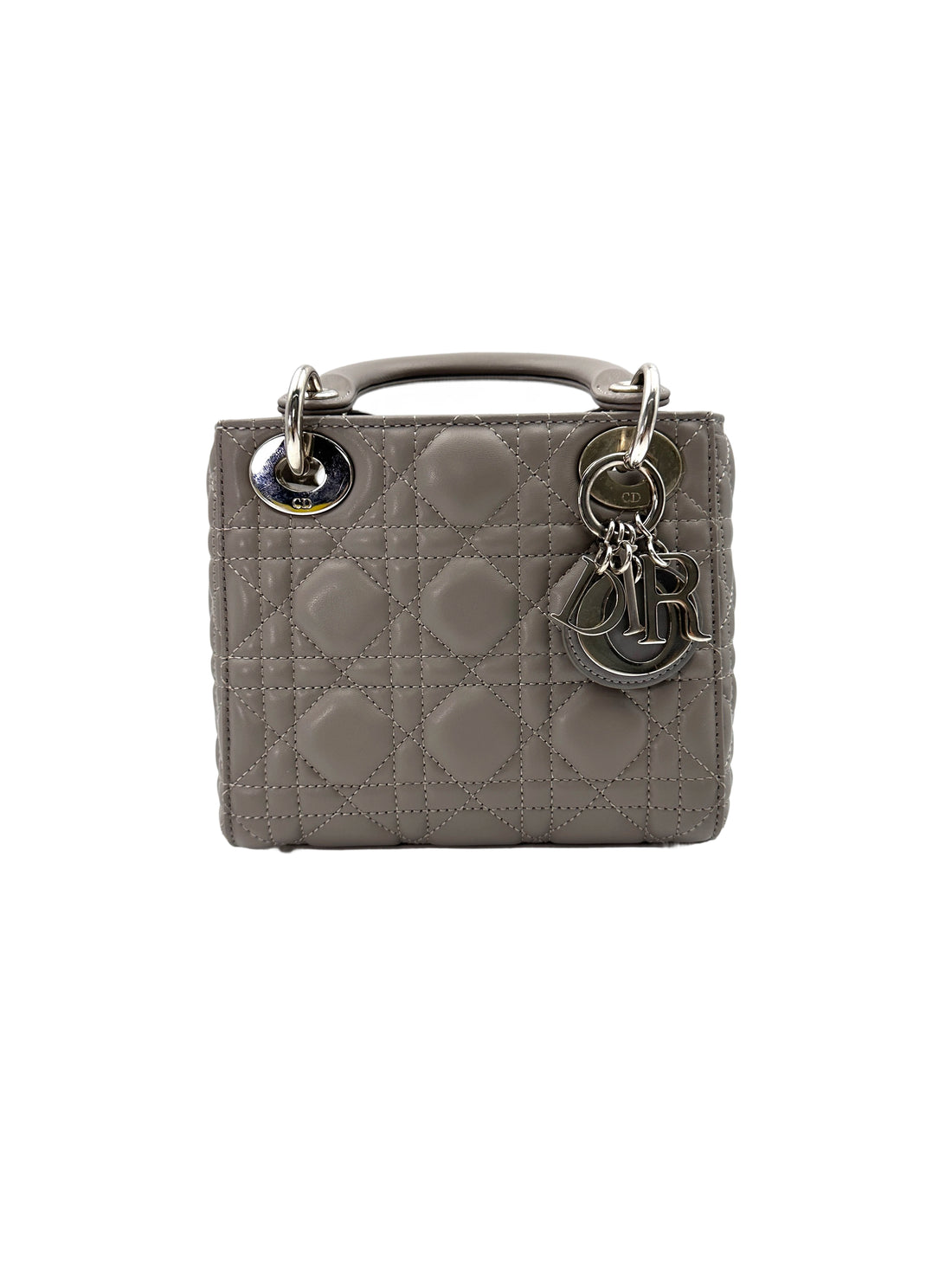 Christian Dior Lady Dior Grey Cannage Lambskin Handle Bag With Silver Charms DR686