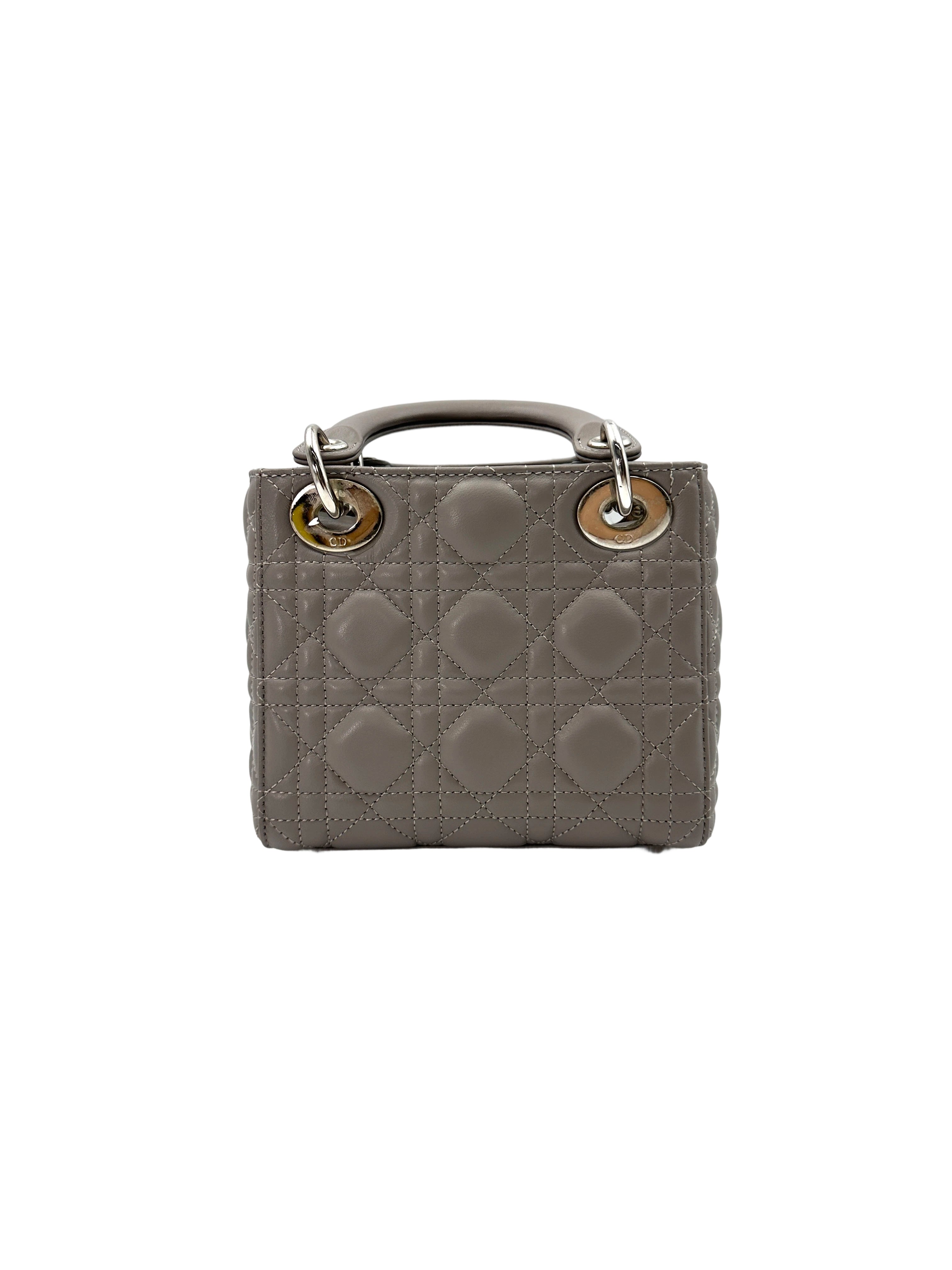 Christian Dior Lady Dior Grey Cannage Lambskin Handle Bag With Silver Charms DR686