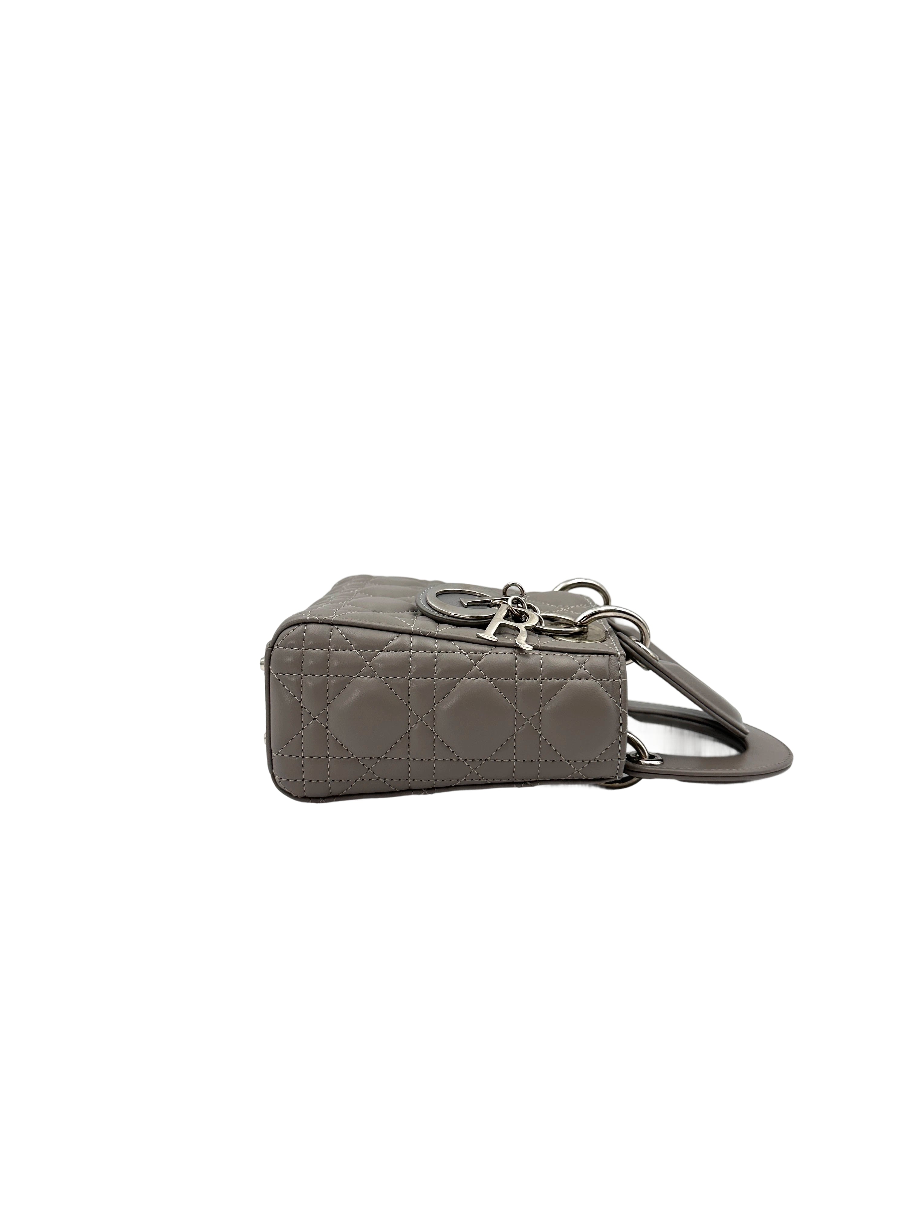 Christian Dior Lady Dior Grey Cannage Lambskin Handle Bag With Silver Charms DR686