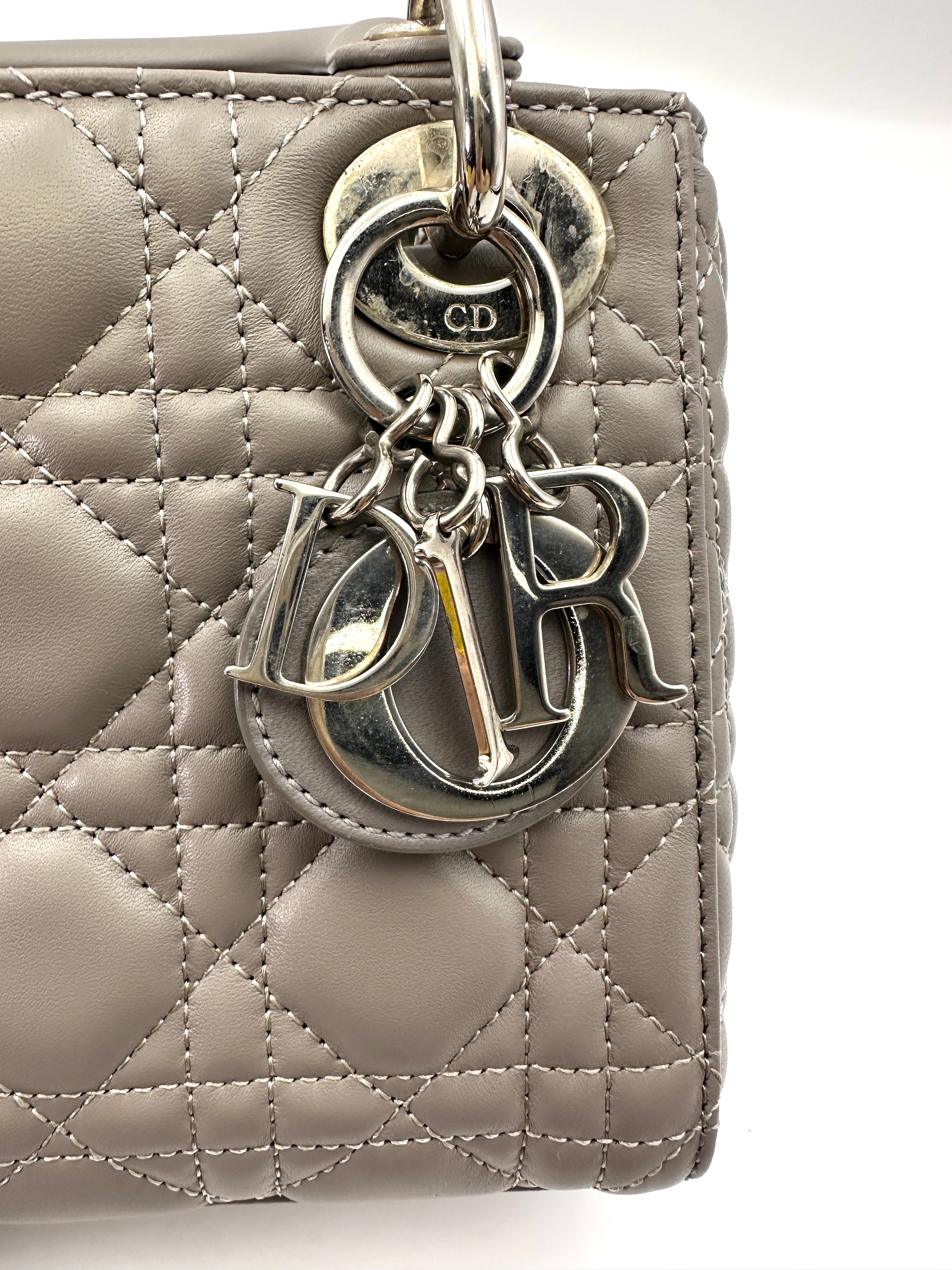 Christian Dior Lady Dior Grey Cannage Lambskin Handle Bag With Silver Charms DR686