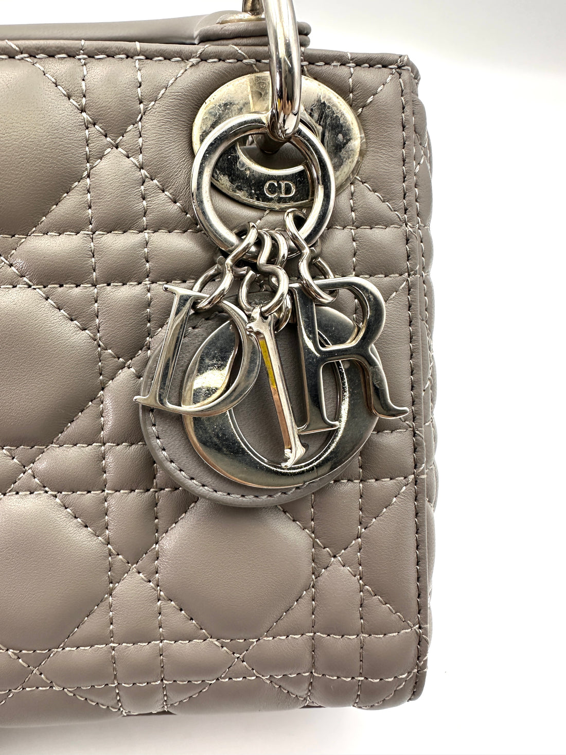 Christian Dior Lady Dior Grey Cannage Lambskin Handle Bag With Silver Charms DR686
