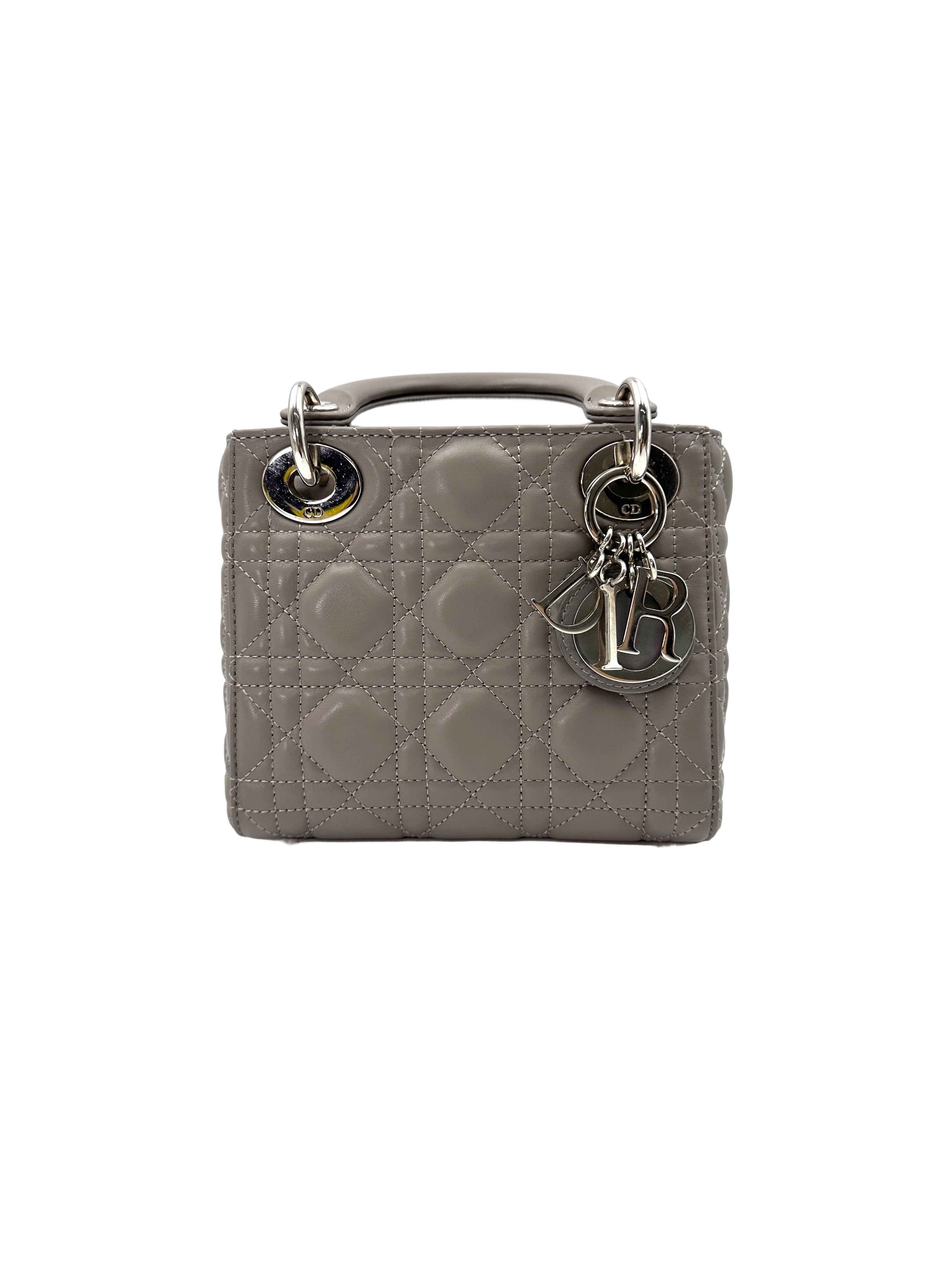 Christian Dior Lady Dior Grey Cannage Lambskin Handle Bag With Silver Charms DR688