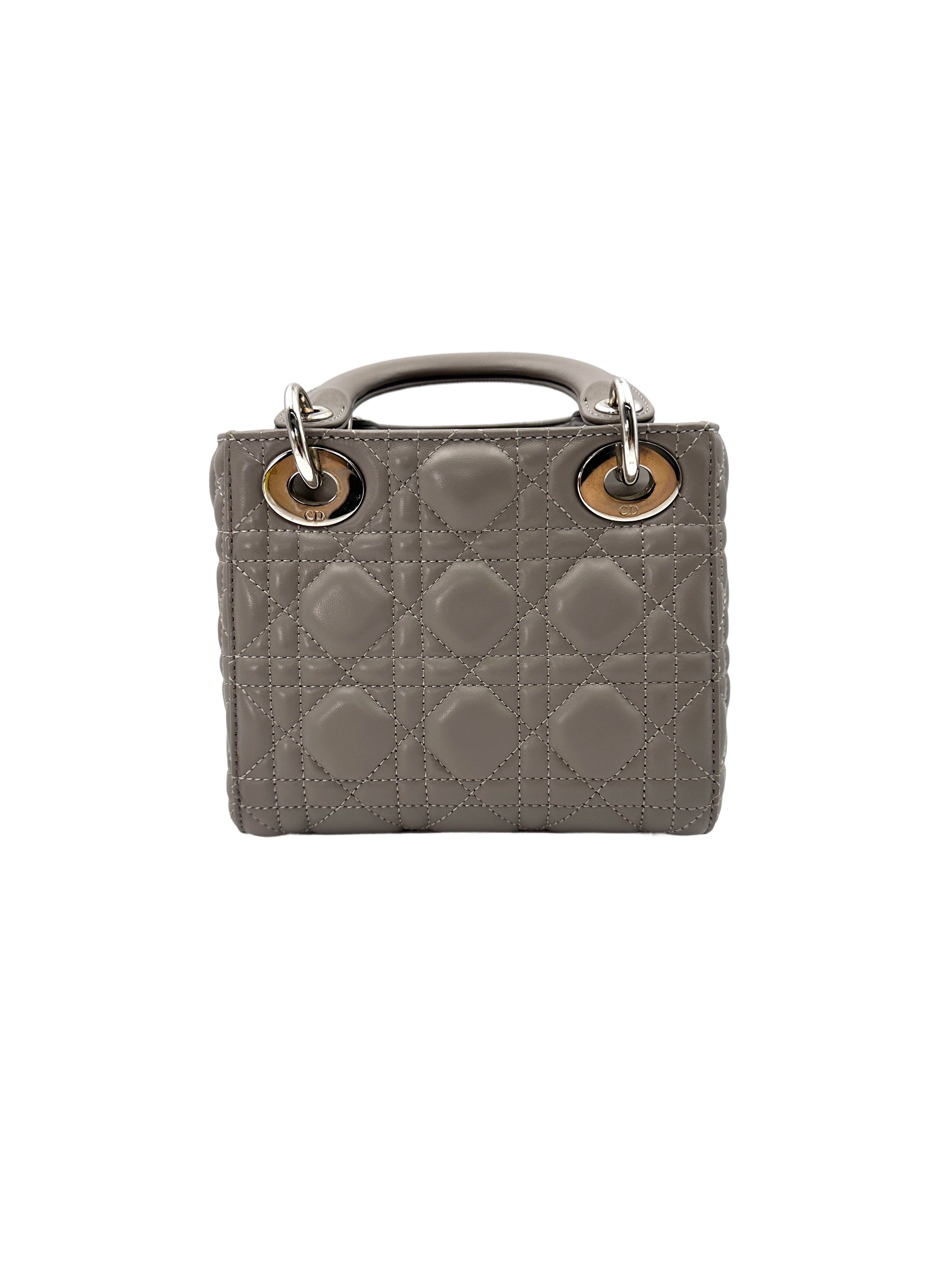 Christian Dior Lady Dior Grey Cannage Lambskin Handle Bag With Silver Charms DR688