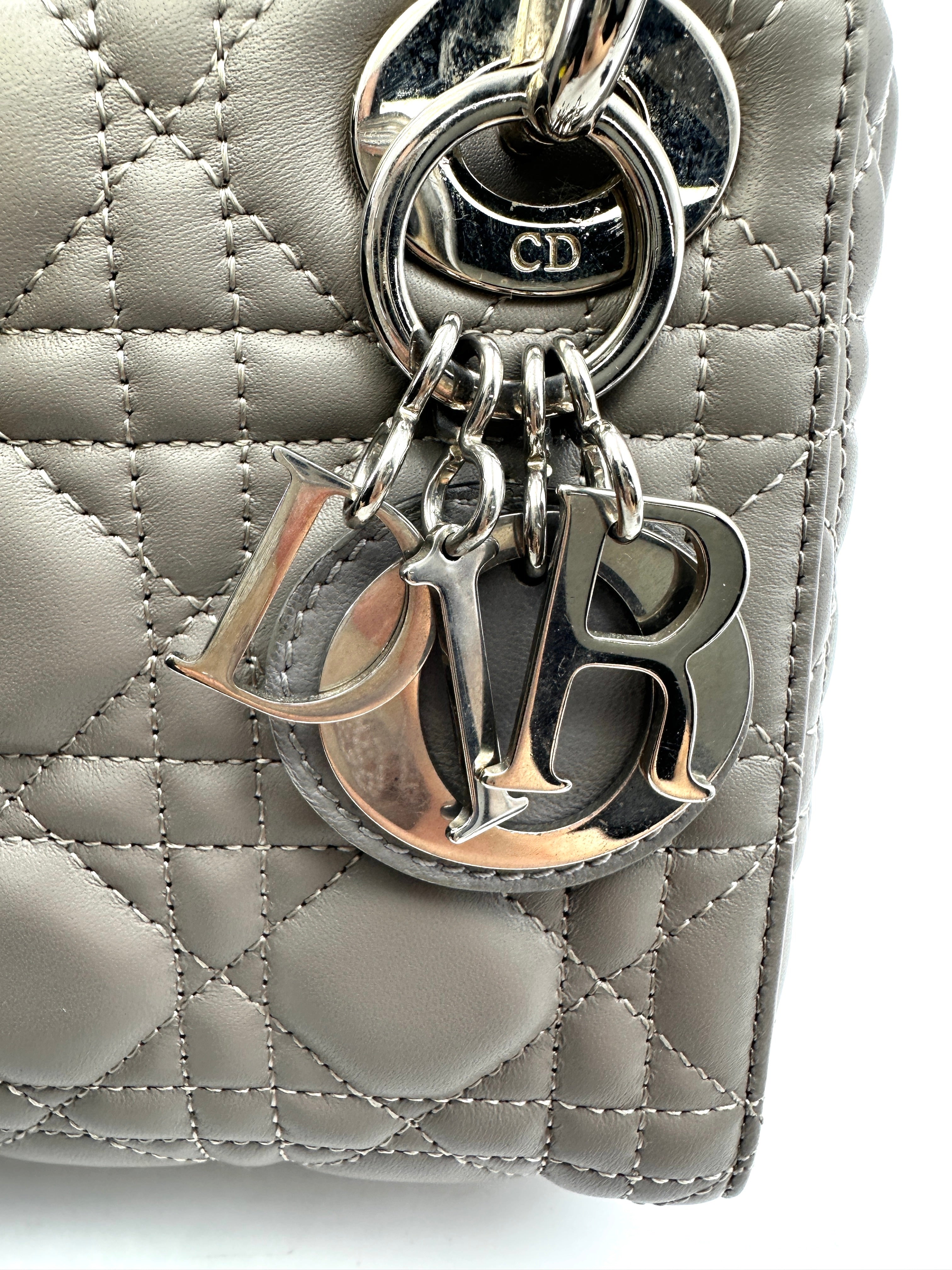 Christian Dior Lady Dior Grey Cannage Lambskin Handle Bag With Silver Charms DR688