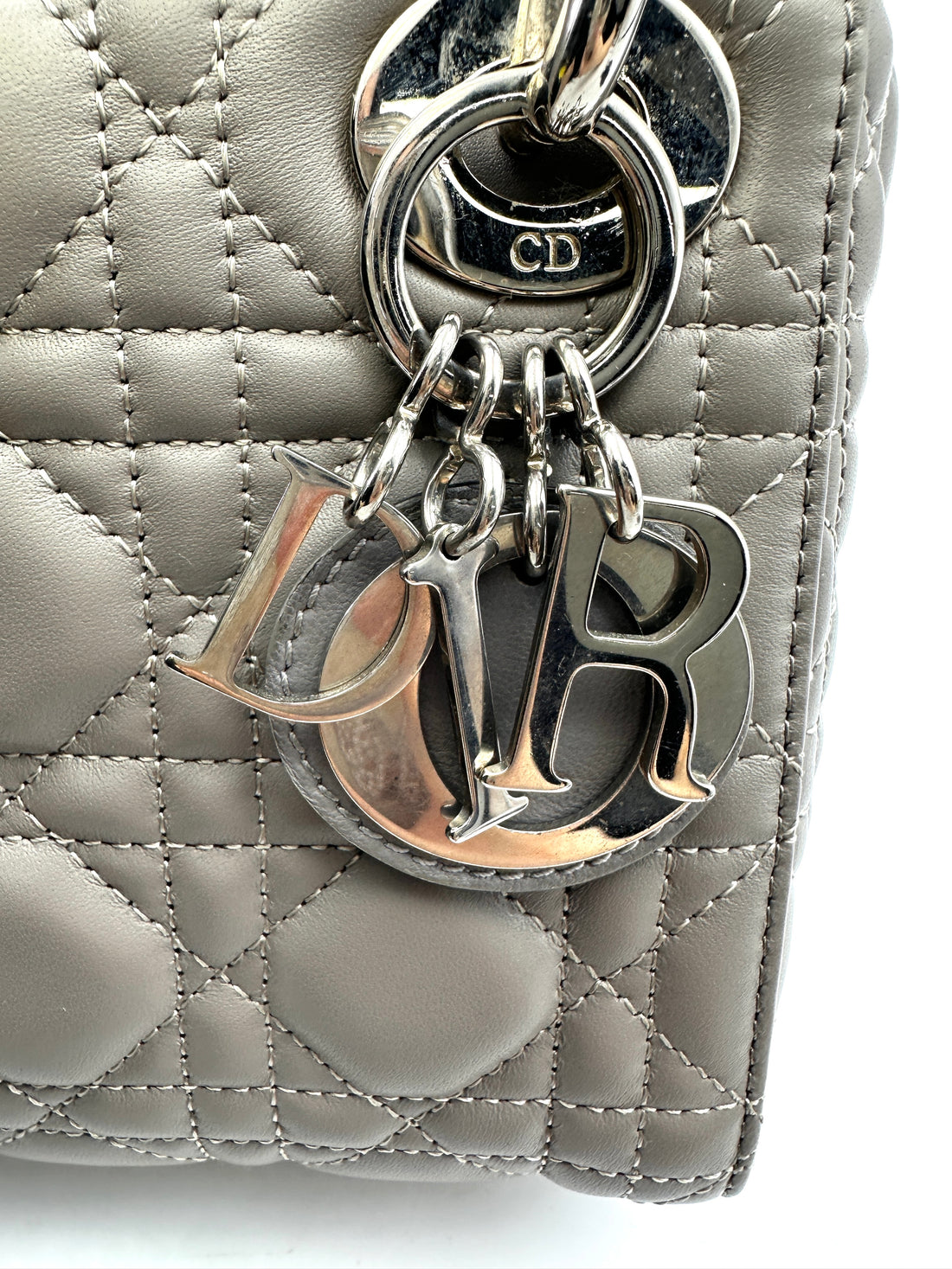 Christian Dior Lady Dior Grey Cannage Lambskin Handle Bag With Silver Charms DR688