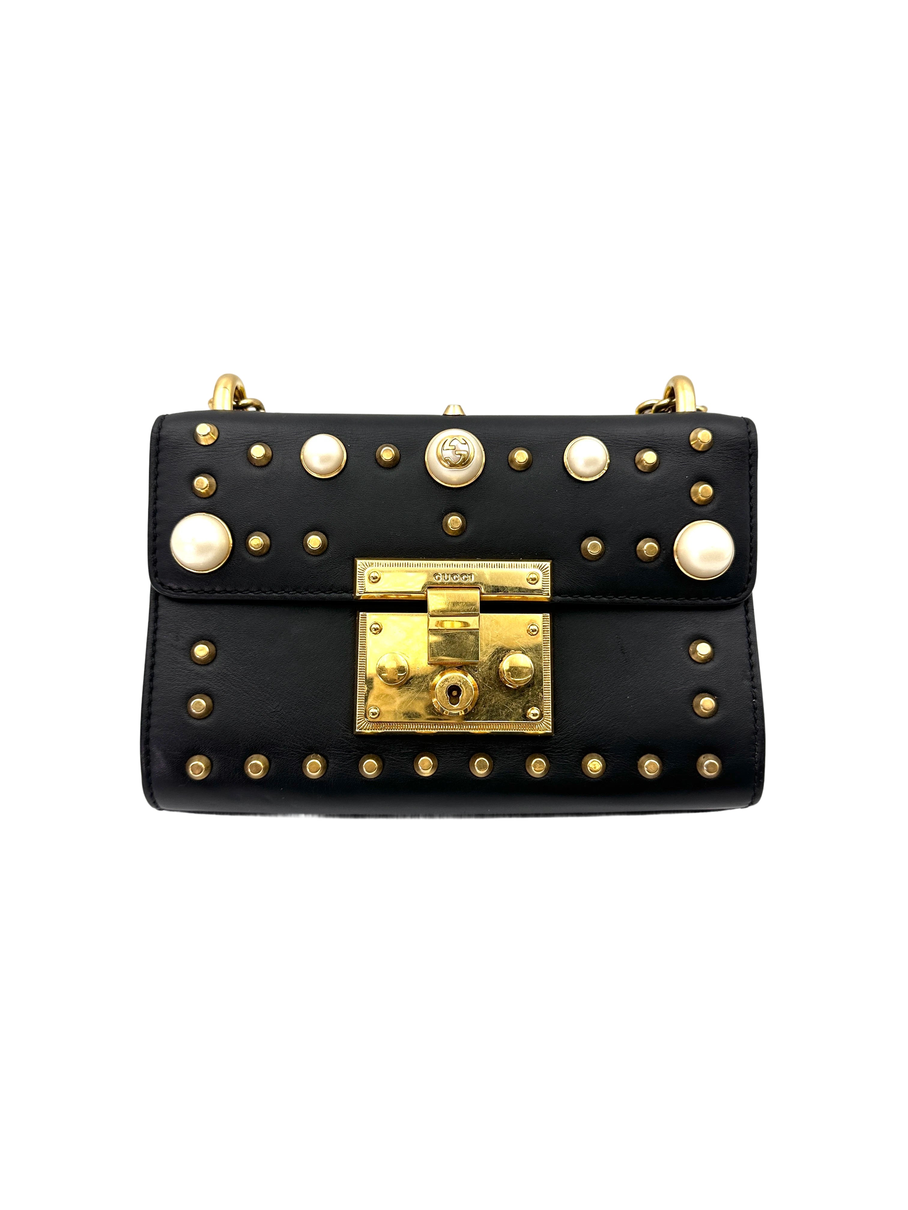 Gucci Padlock Black Leather Pearl Studded Shoulder Bag GG872