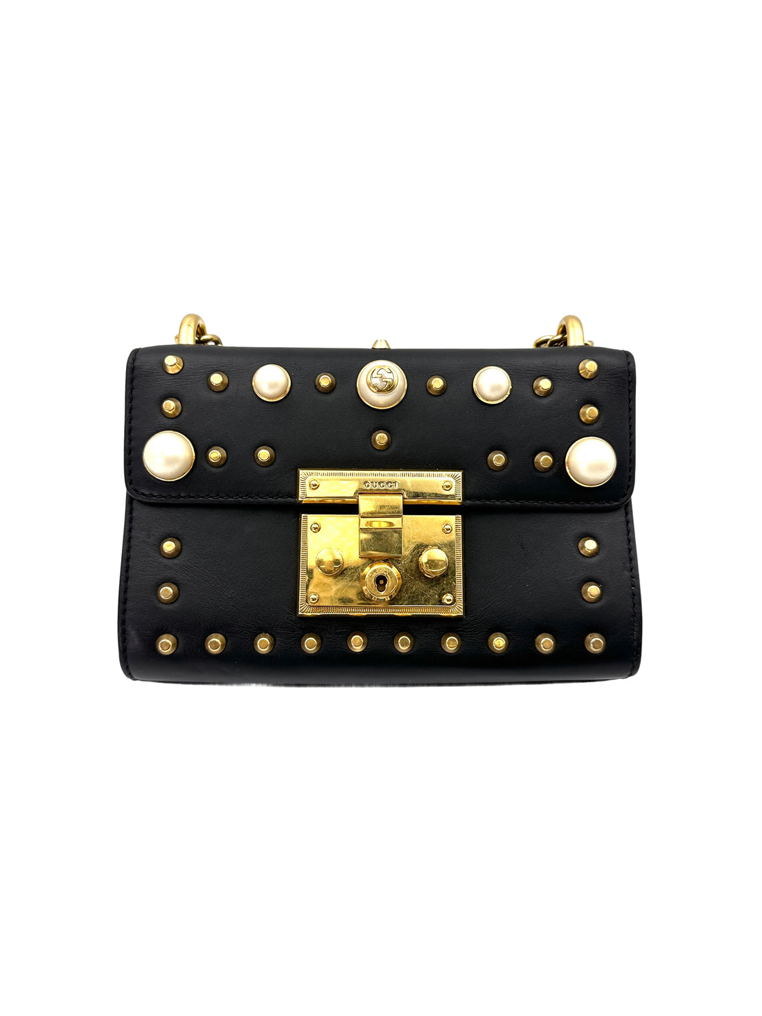 Gucci Padlock Black Leather Pearl Studded Shoulder Bag GG872