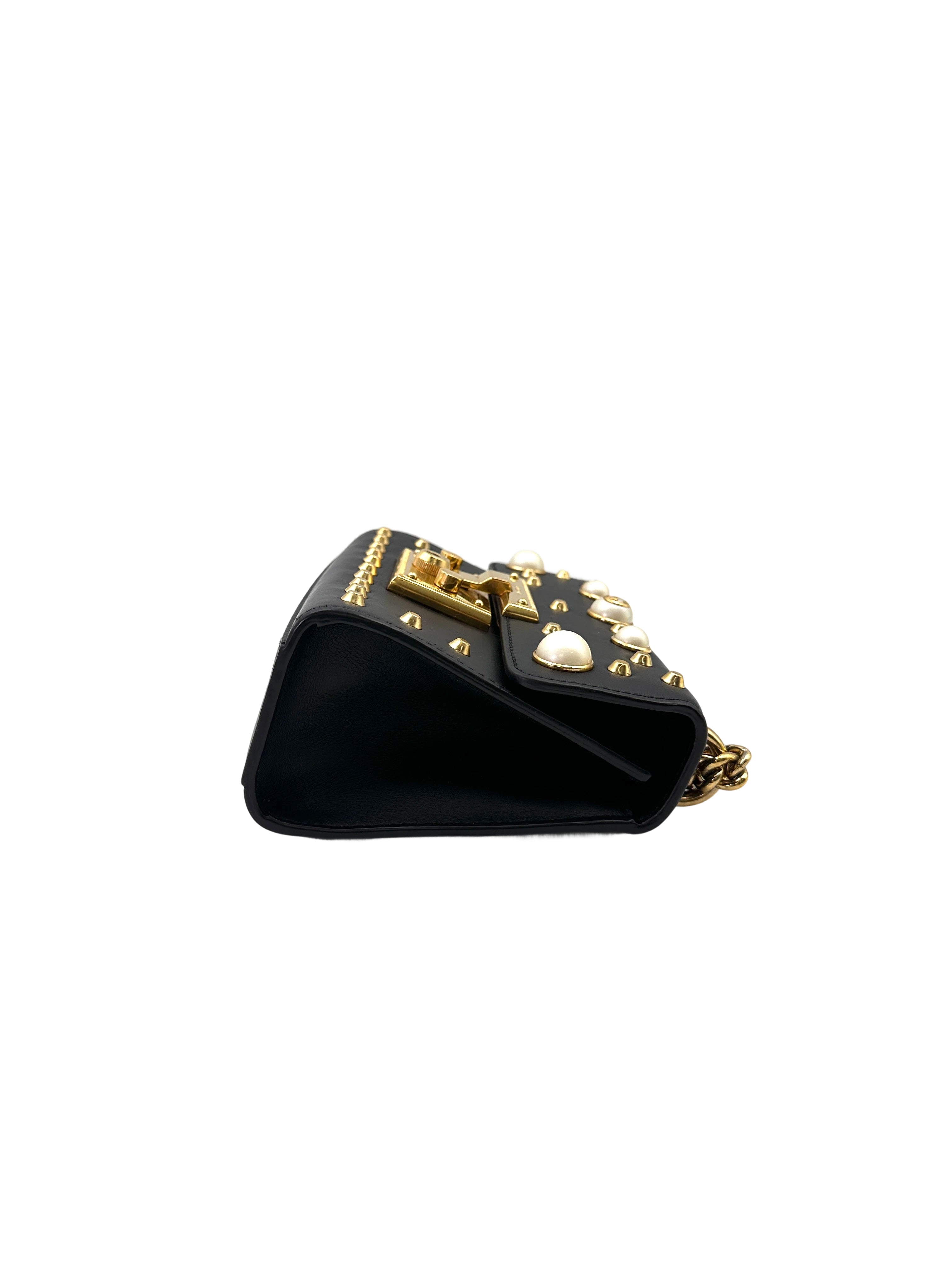 Gucci Padlock Black Leather Pearl Studded Shoulder Bag GG872