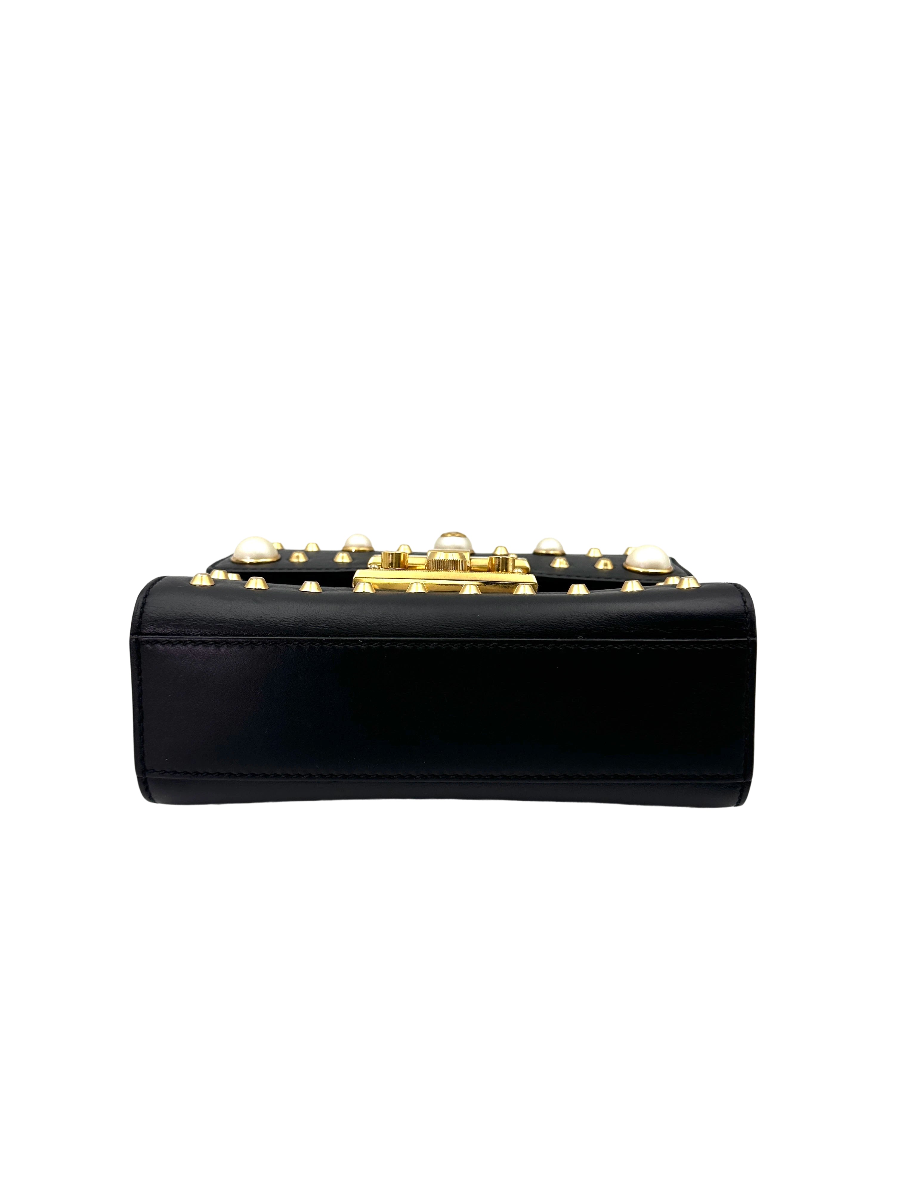 Gucci Padlock Black Leather Pearl Studded Shoulder Bag GG872