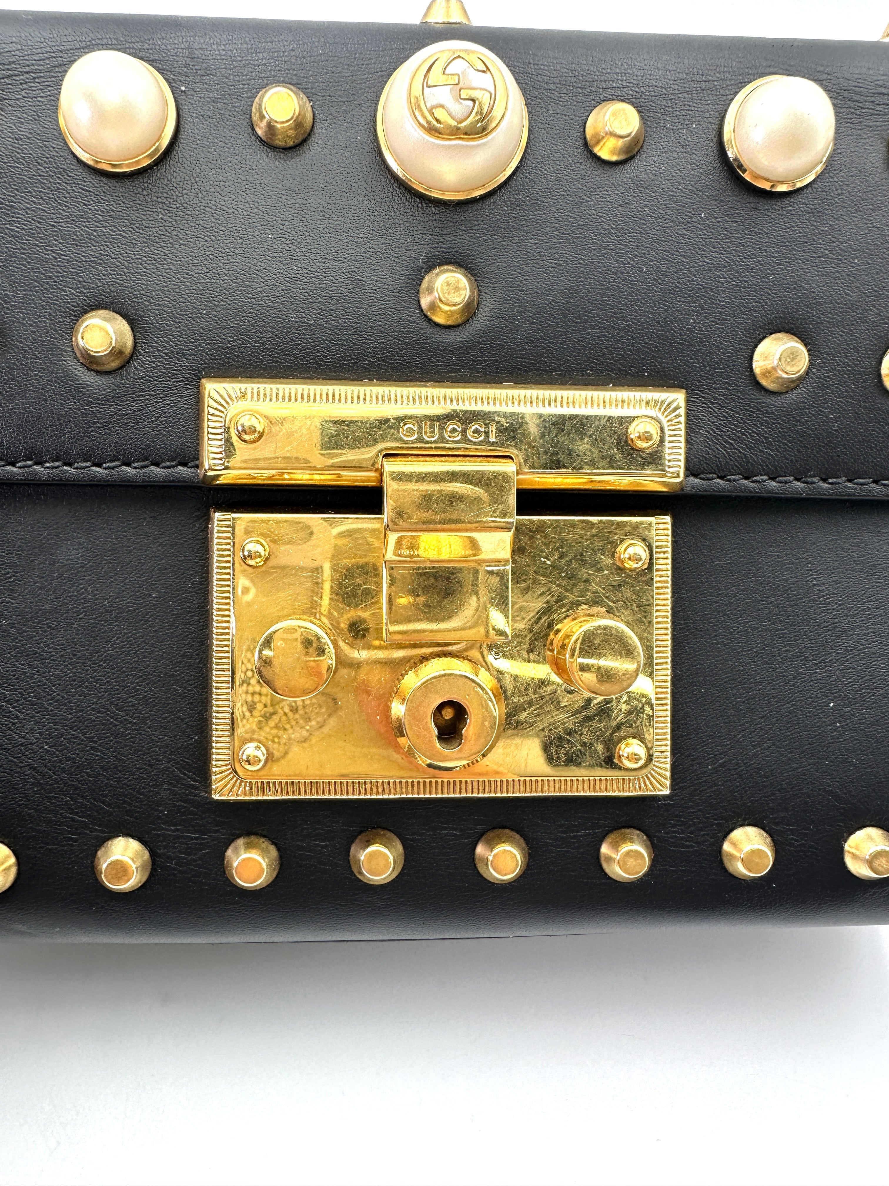Gucci Padlock Black Leather Pearl Studded Shoulder Bag GG872