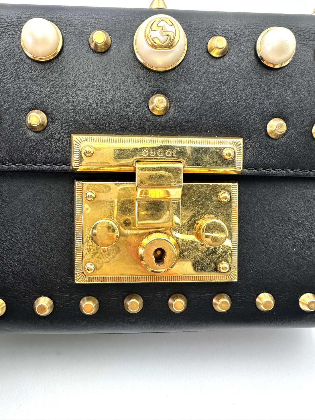Gucci Padlock Black Leather Pearl Studded Shoulder Bag GG872