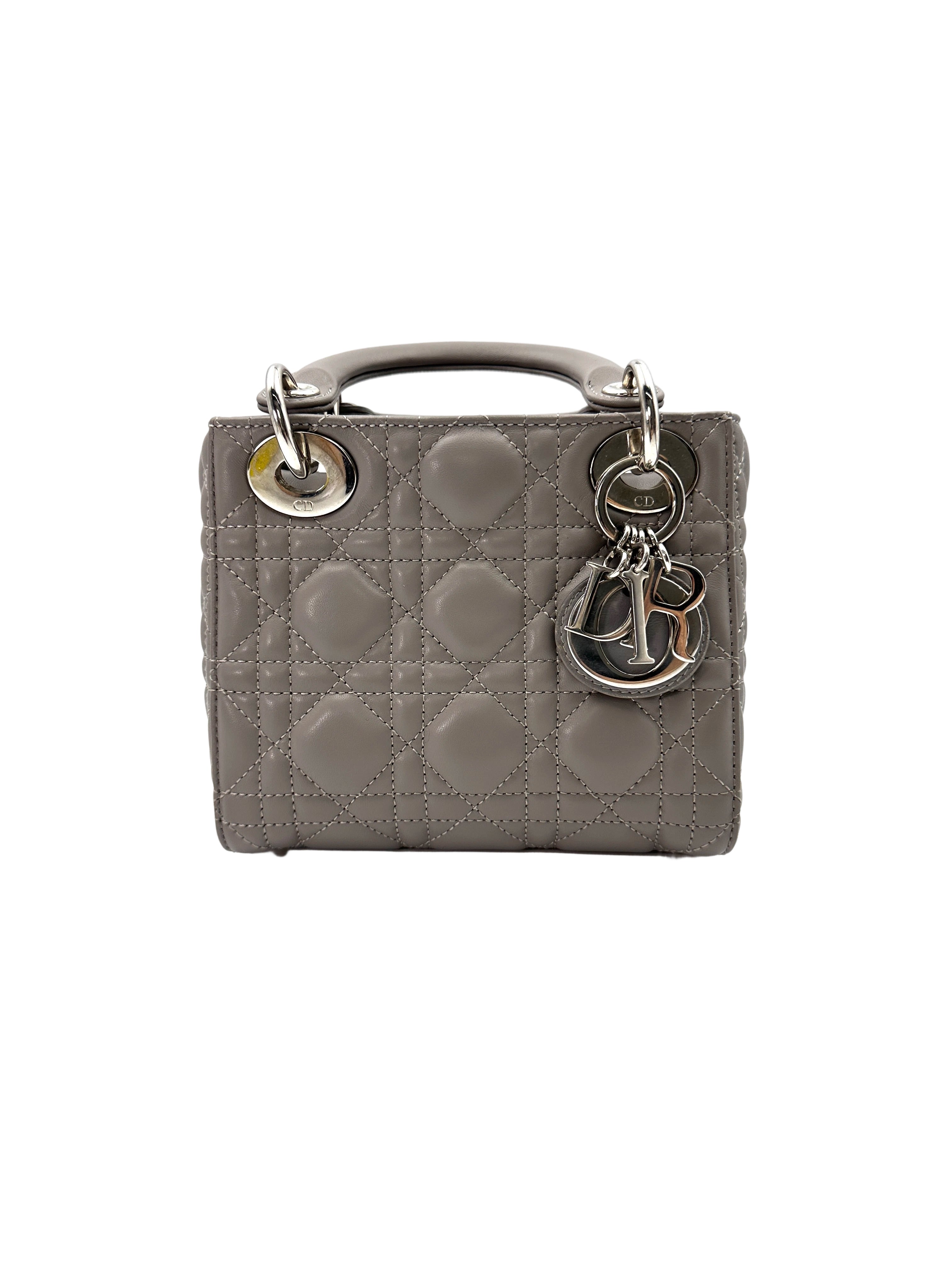 Christian Dior Lady Dior Grey Cannage Lambskin Handle Bag With Silver Charms DR687