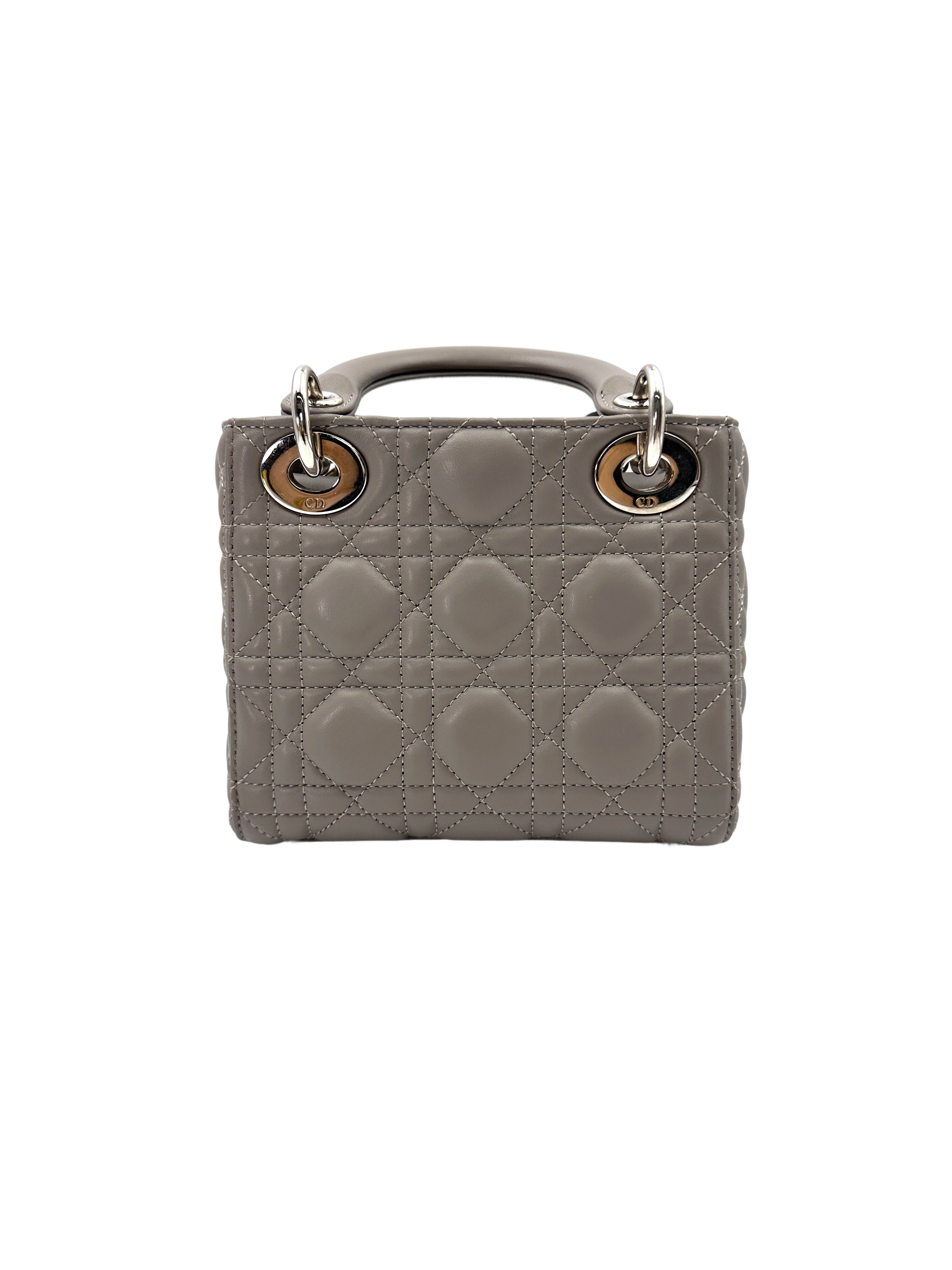 Christian Dior Lady Dior Grey Cannage Lambskin Handle Bag With Silver Charms DR687