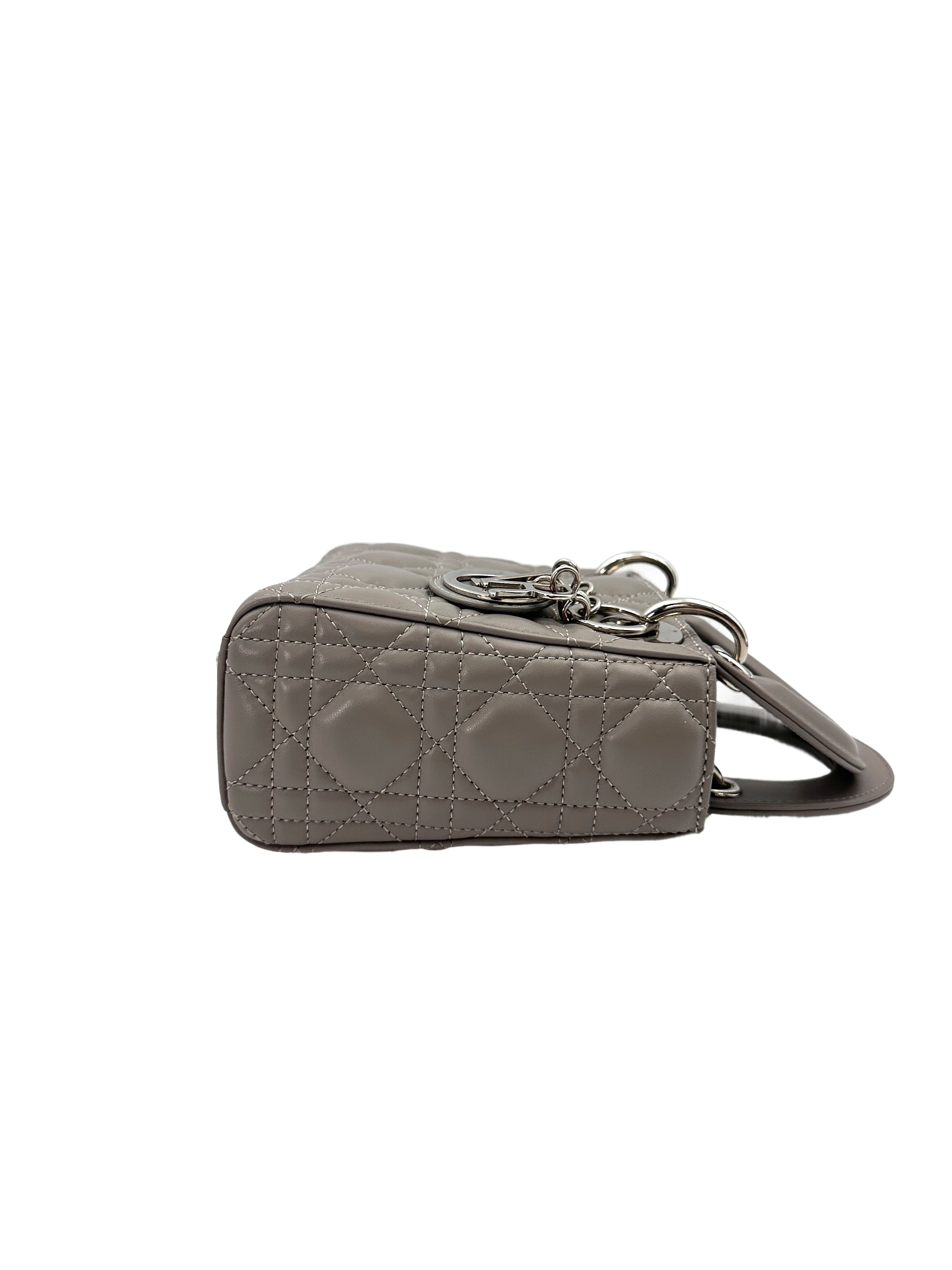 Christian Dior Lady Dior Grey Cannage Lambskin Handle Bag With Silver Charms DR687