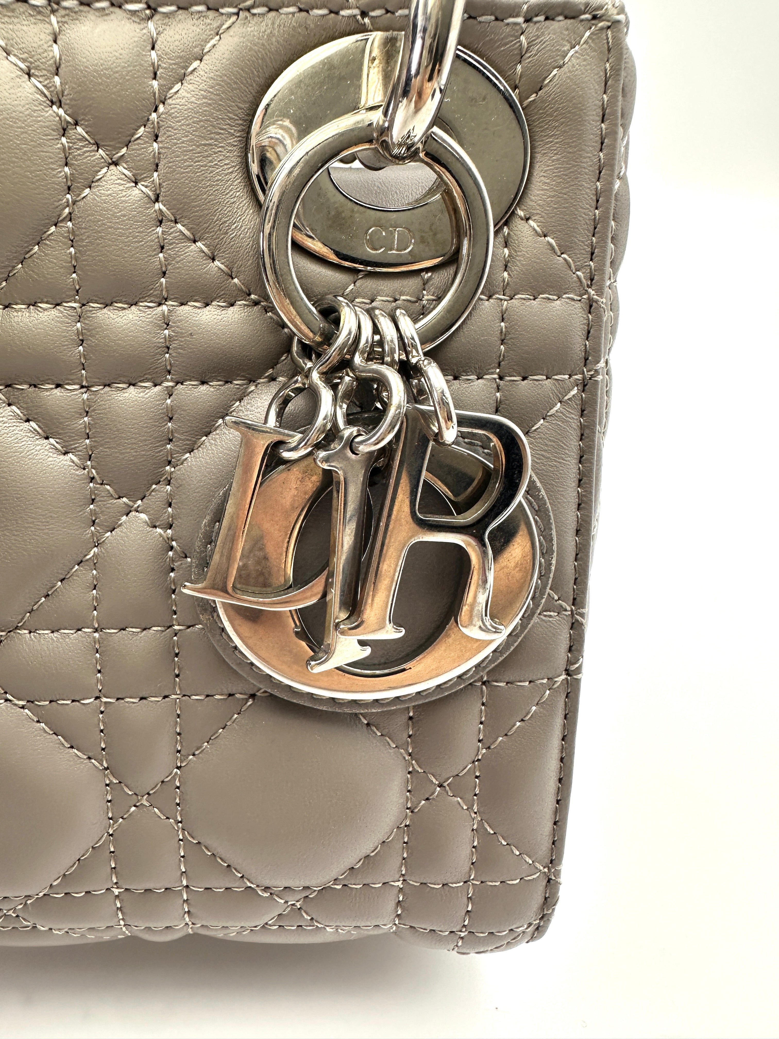 Christian Dior Lady Dior Grey Cannage Lambskin Handle Bag With Silver Charms DR687