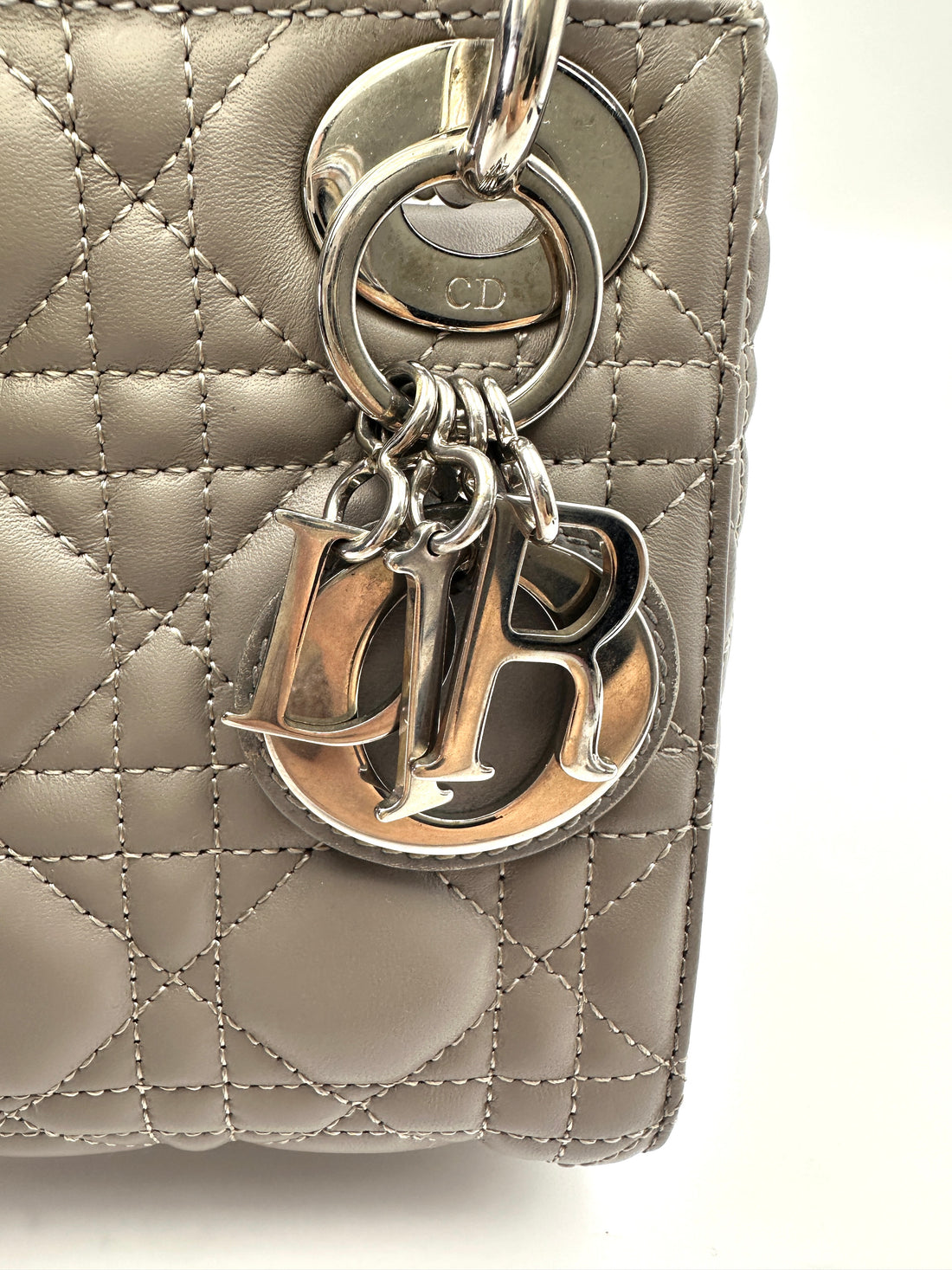 Christian Dior Lady Dior Grey Cannage Lambskin Handle Bag With Silver Charms DR687