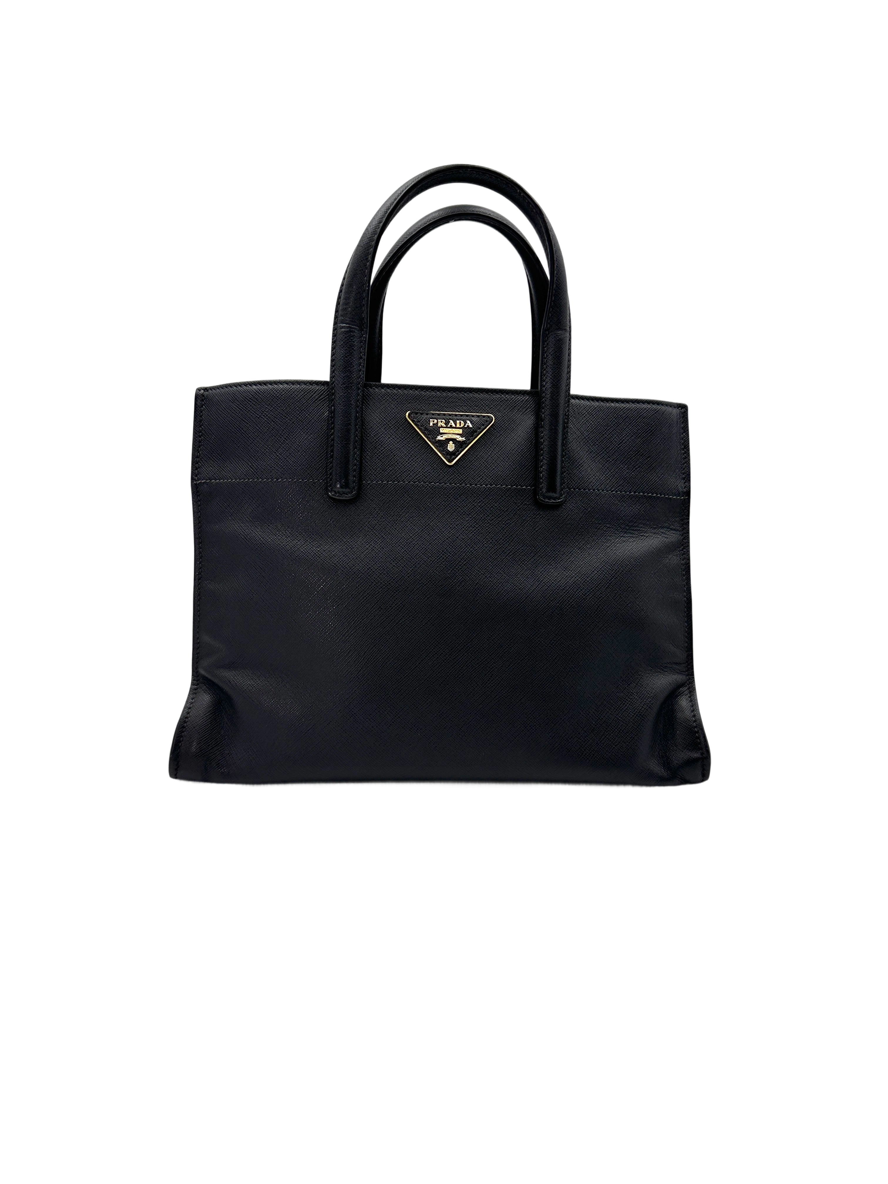 Prada Triple Pocket Tote Black Saffiano Soft Leather Handle Bag PR284