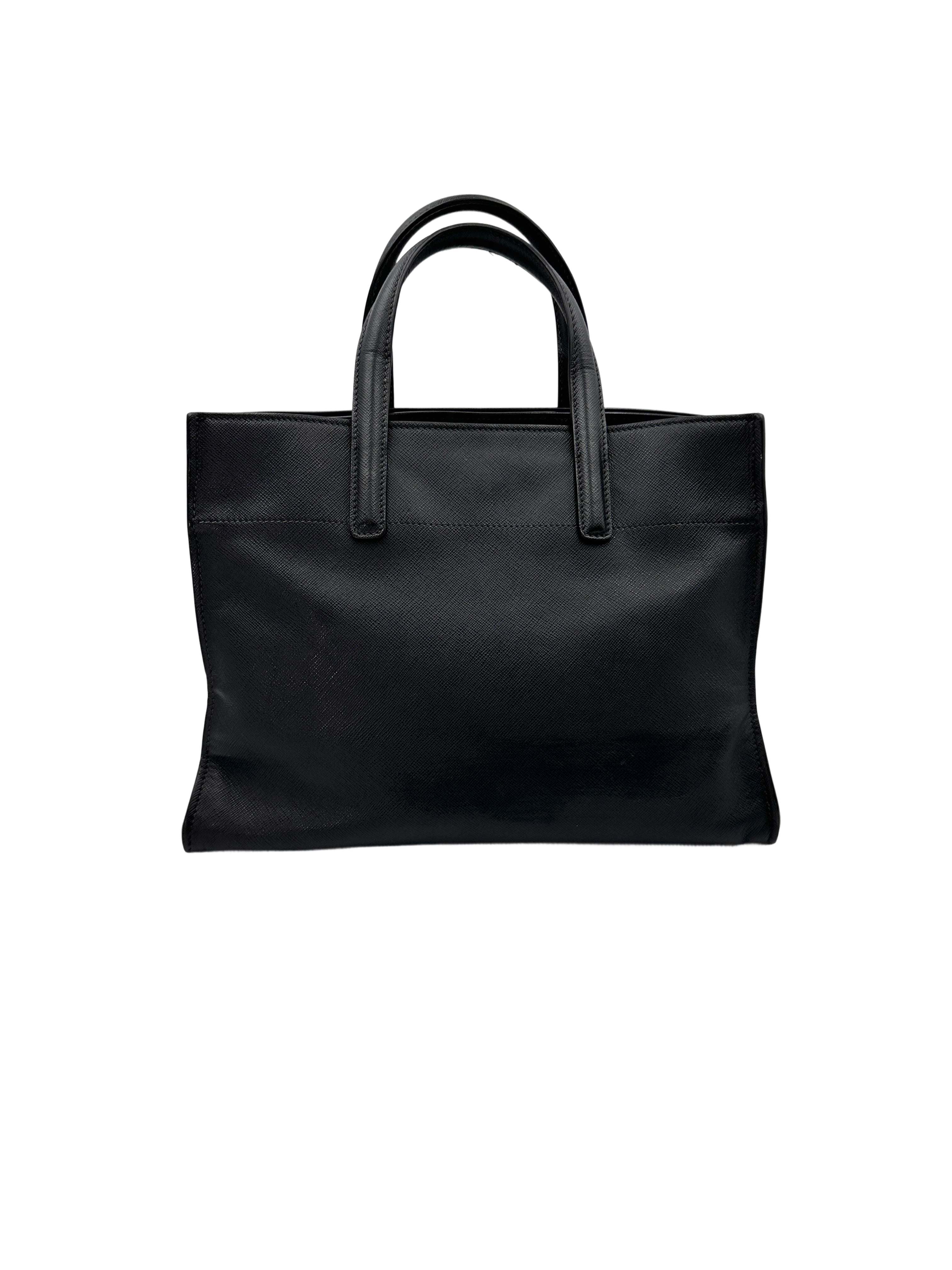 Prada Triple Pocket Tote Black Saffiano Soft Leather Handle Bag PR284