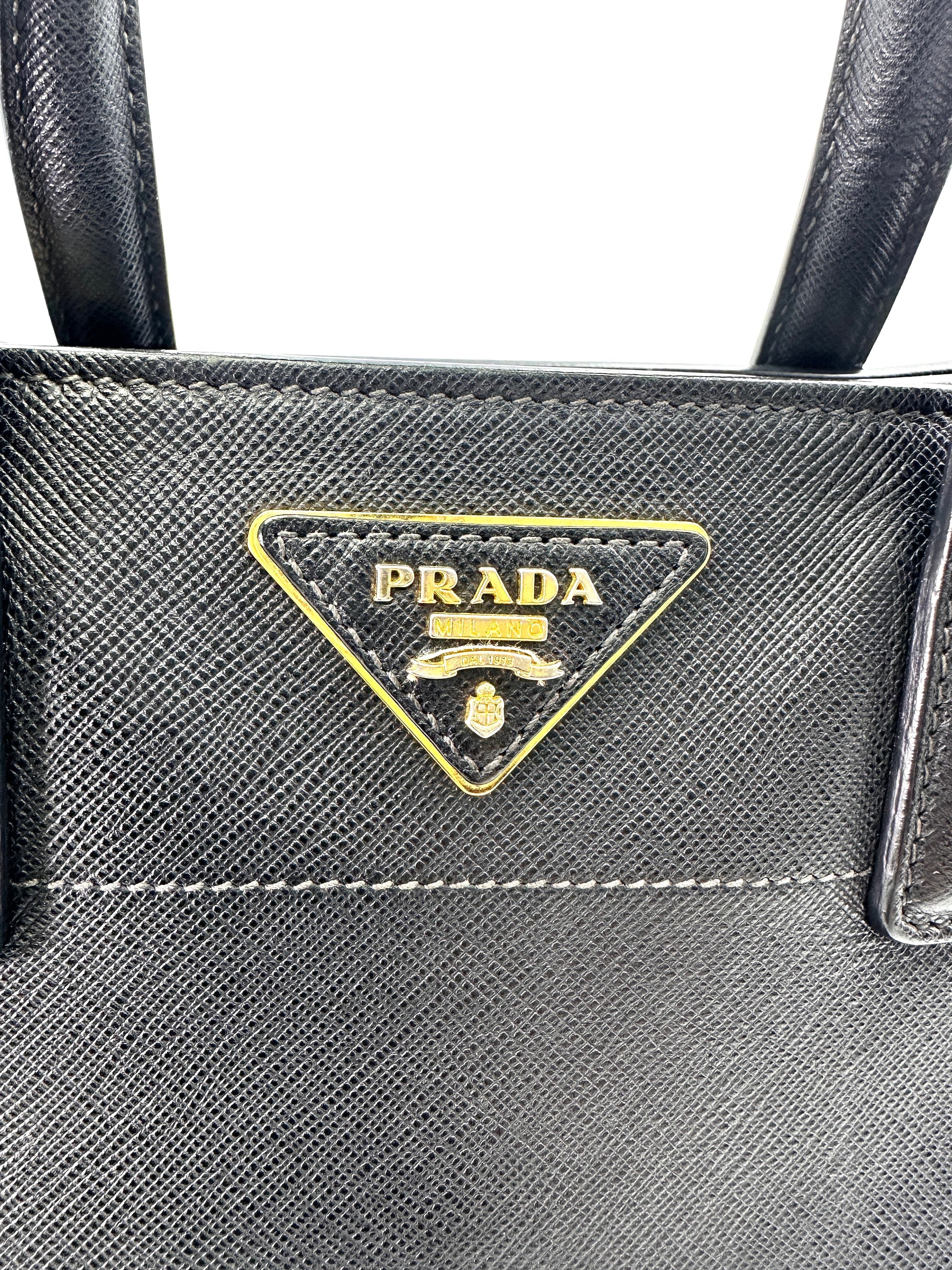 Prada Triple Pocket Tote Black Saffiano Soft Leather Handle Bag PR284