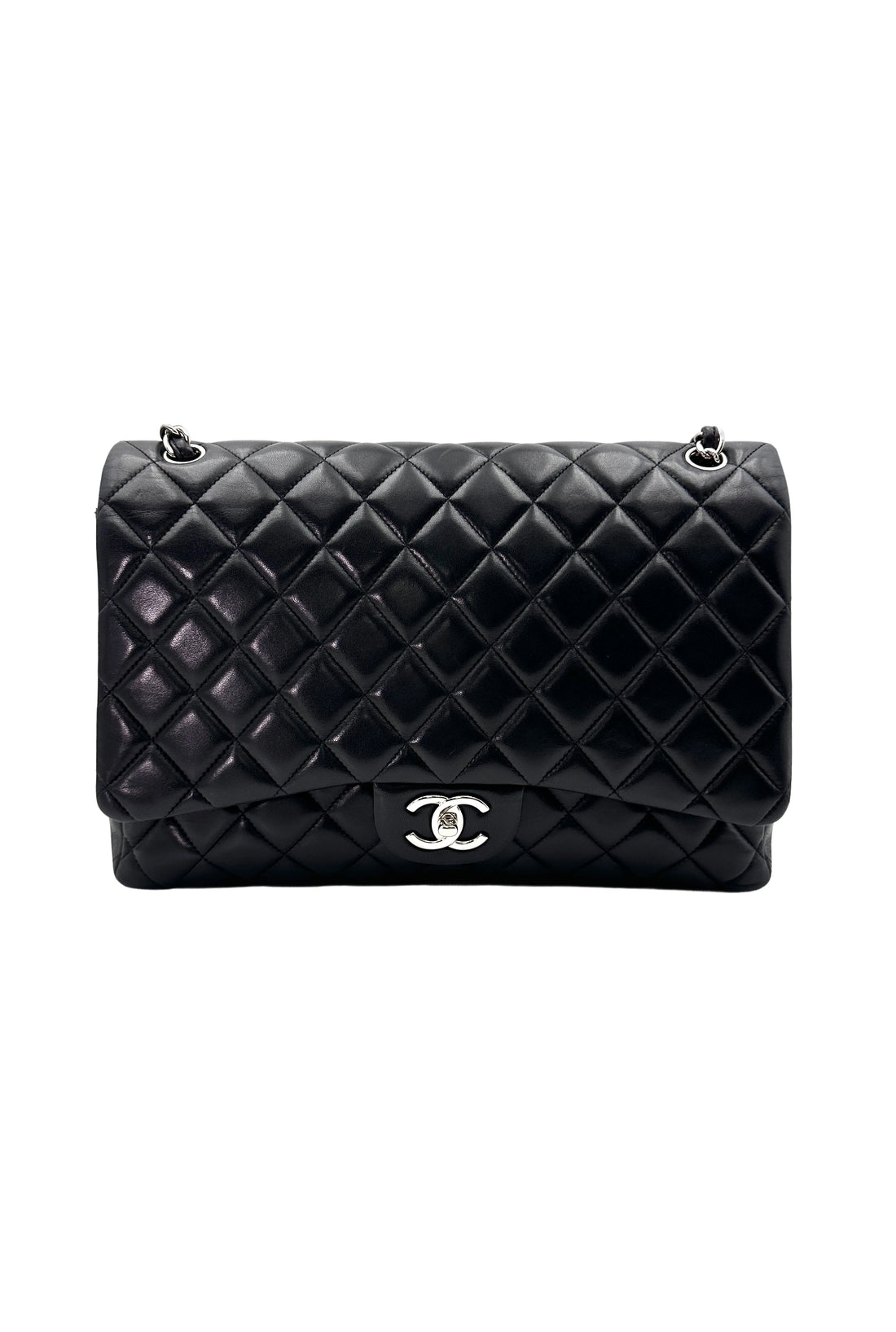 Chanel Classic Flap Black Quilted Leather Maxi Jumbo Shoulder Bag With Silver Buckle(18***02) CC1821