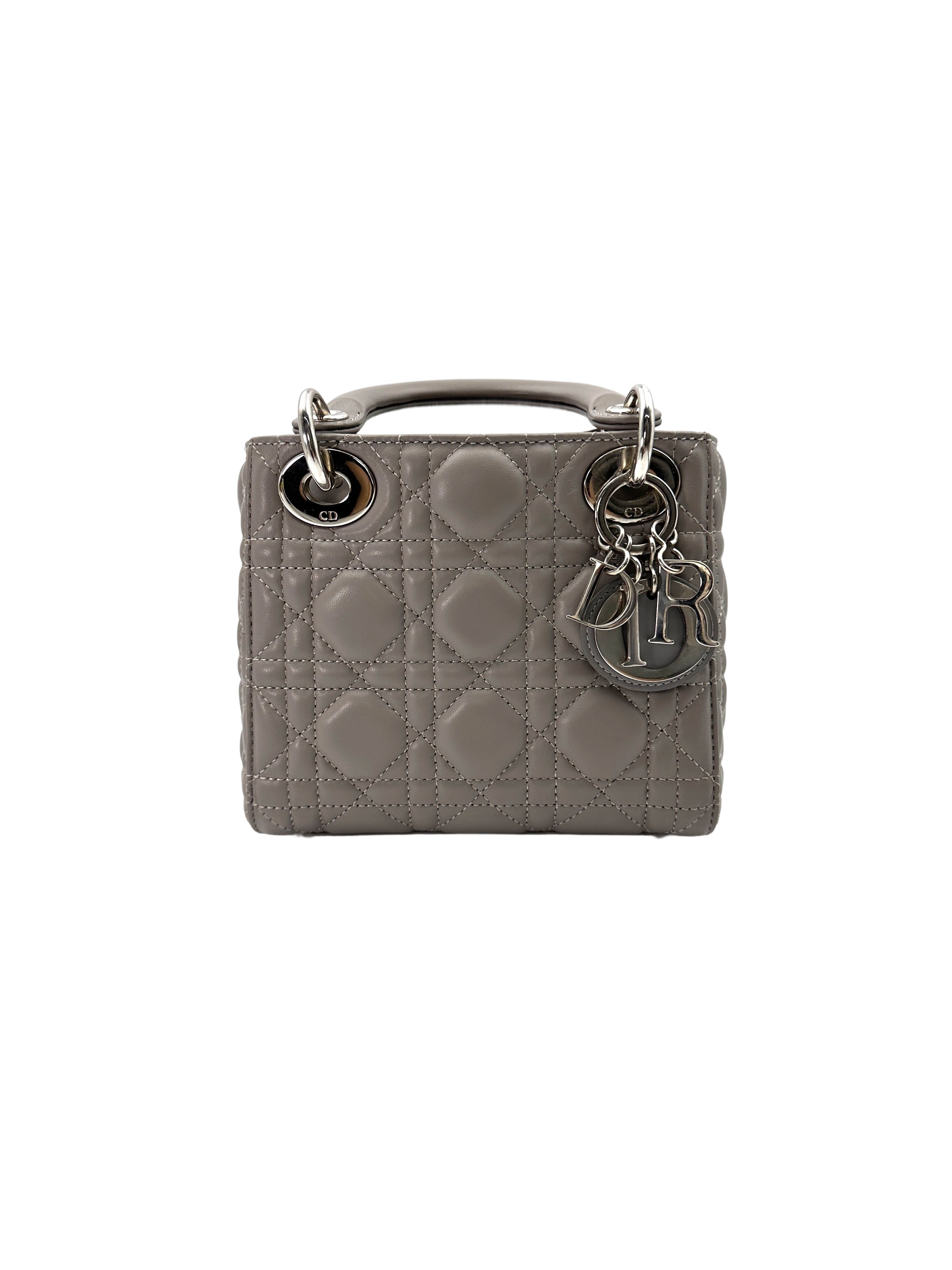 Christian Dior Lady Dior Grey Cannage Lambskin Handle Bag With Silver Charms DR690