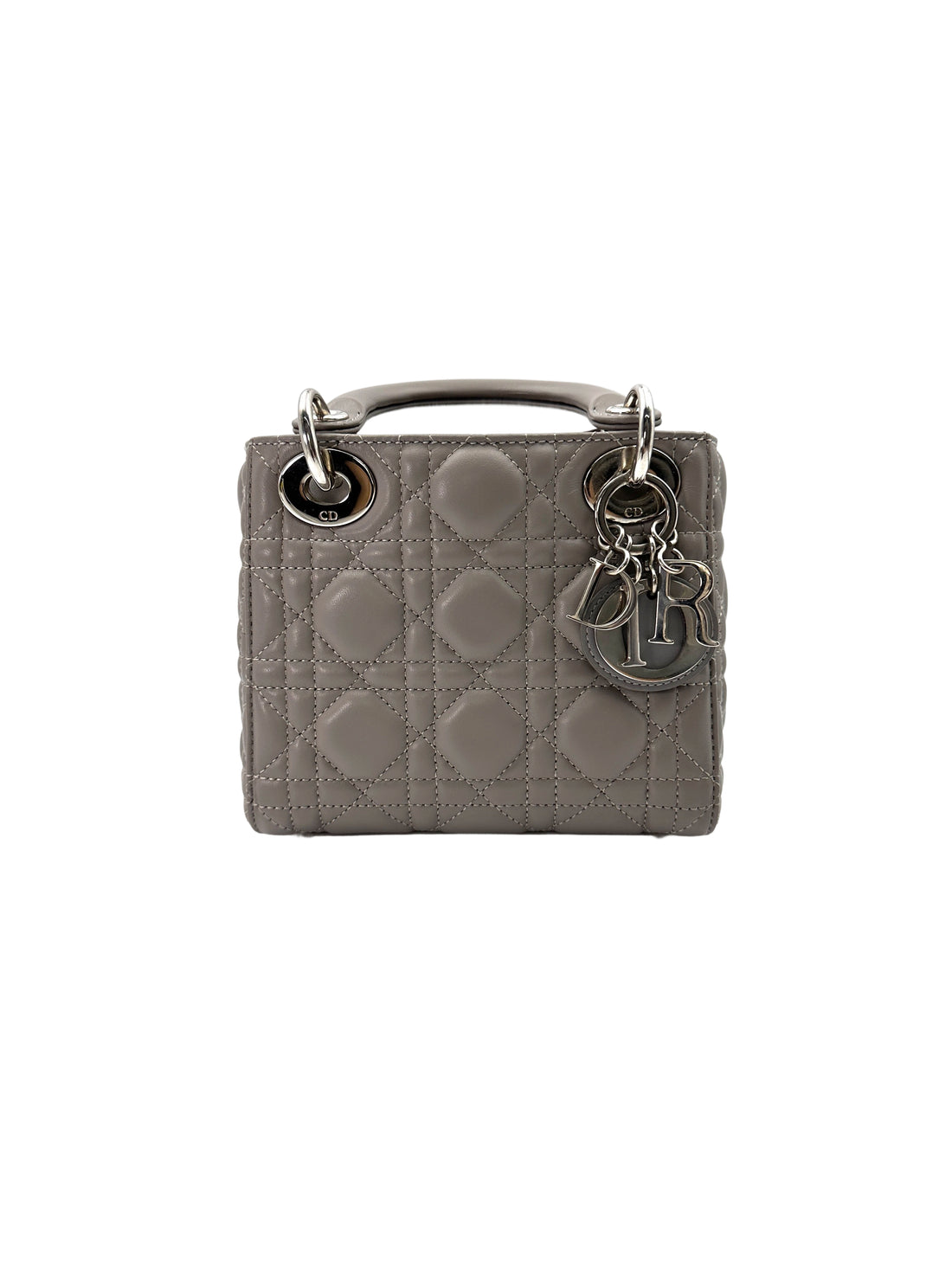 Christian Dior Lady Dior Grey Cannage Lambskin Handle Bag With Silver Charms DR690