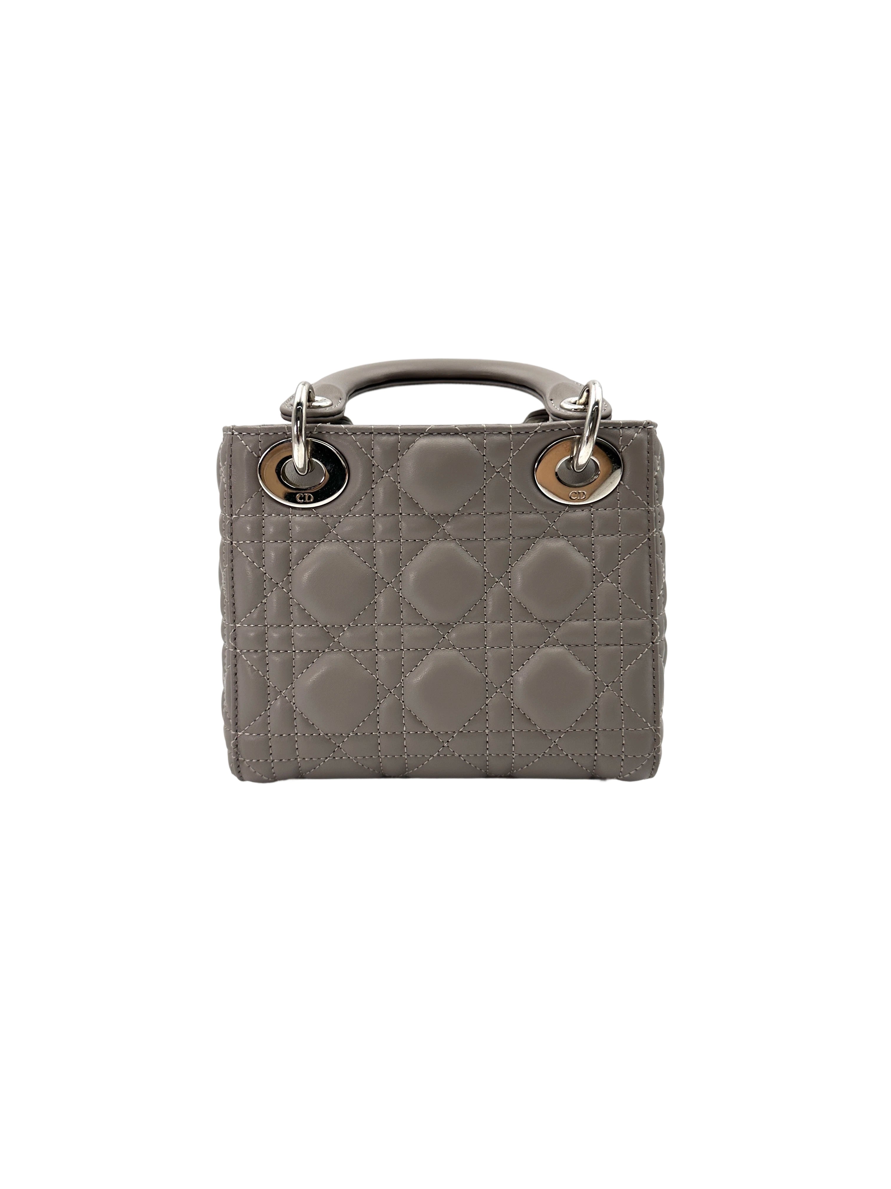Christian Dior Lady Dior Grey Cannage Lambskin Handle Bag With Silver Charms DR690