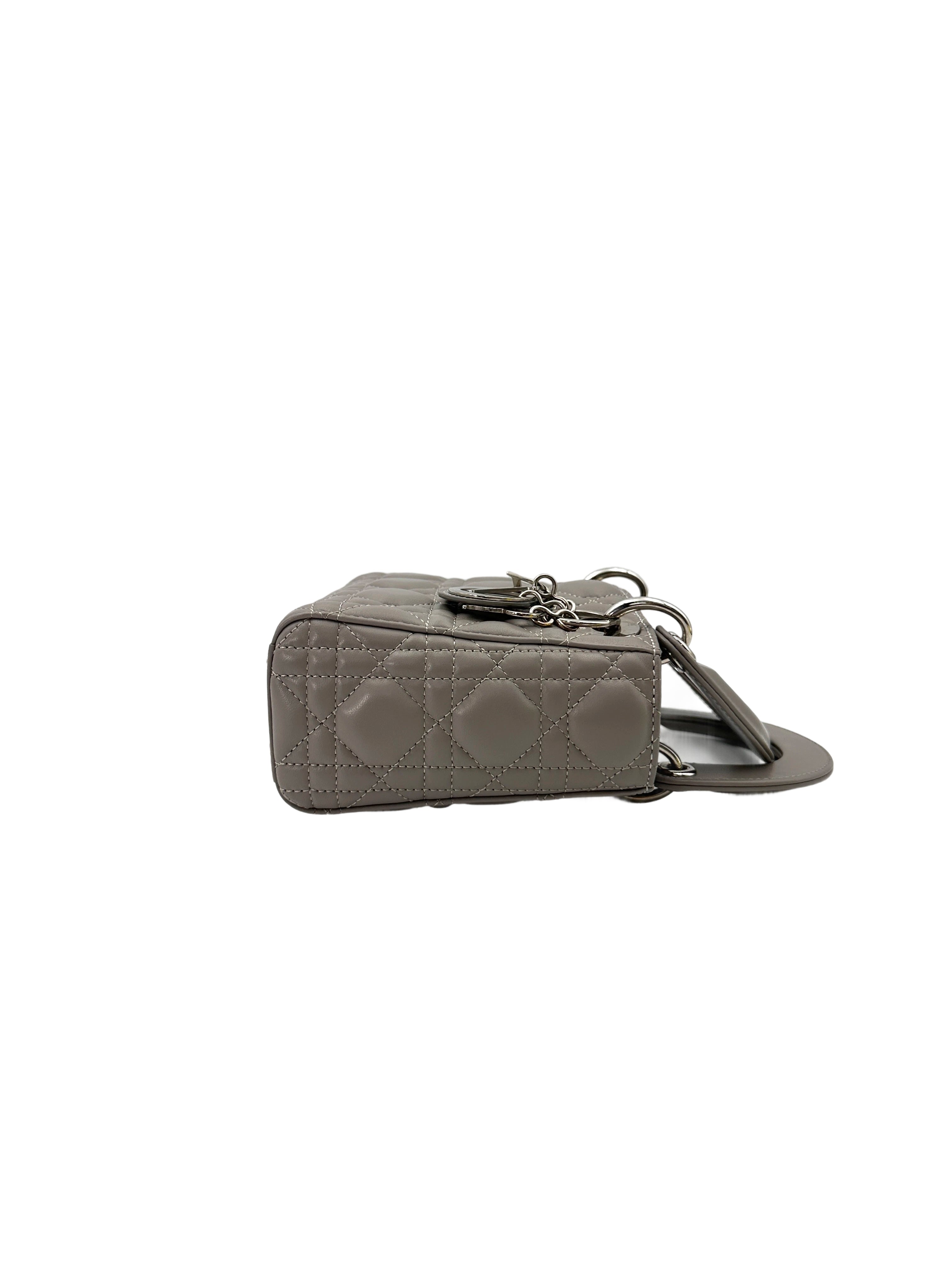 Christian Dior Lady Dior Grey Cannage Lambskin Handle Bag With Silver Charms DR690