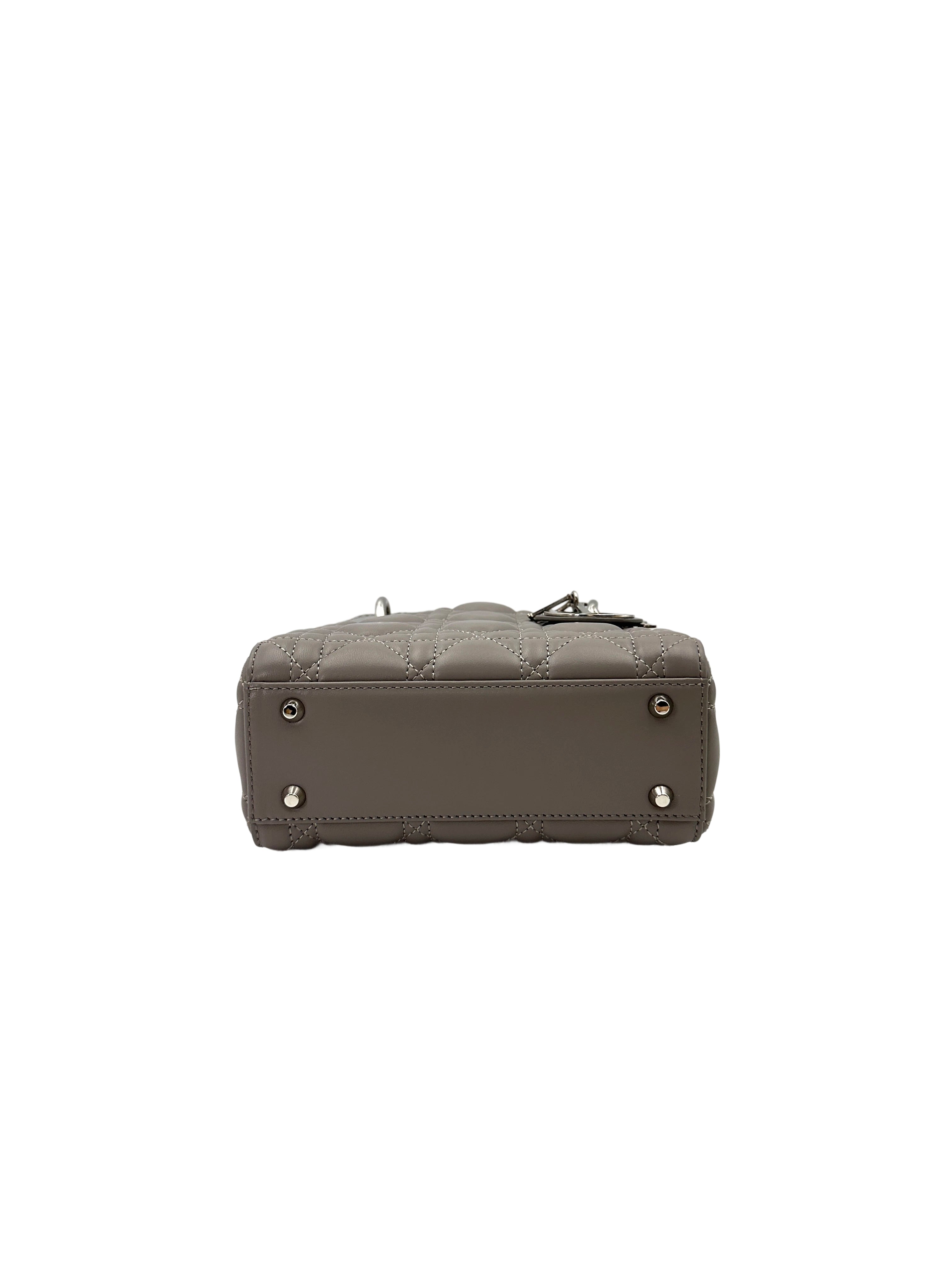 Christian Dior Lady Dior Grey Cannage Lambskin Handle Bag With Silver Charms DR690