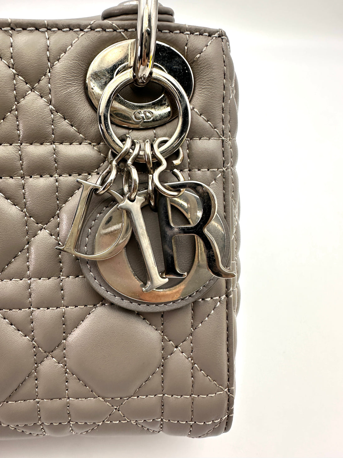 Christian Dior Lady Dior Grey Cannage Lambskin Handle Bag With Silver Charms DR690