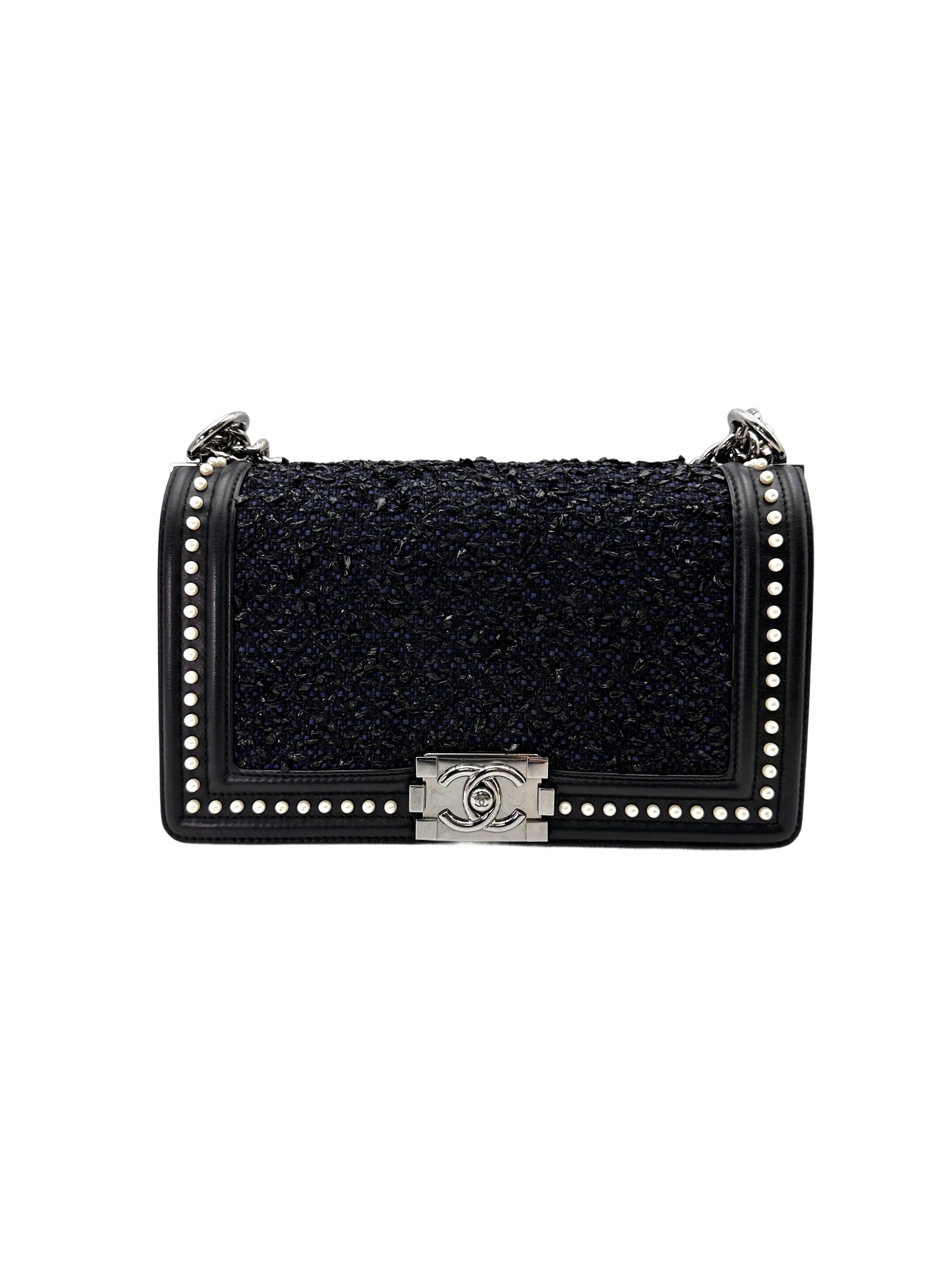 Chanel LeBoy Black Tweed With Pearl Embellishment Flap Bag With Silver Bucket(26***62) CC1822