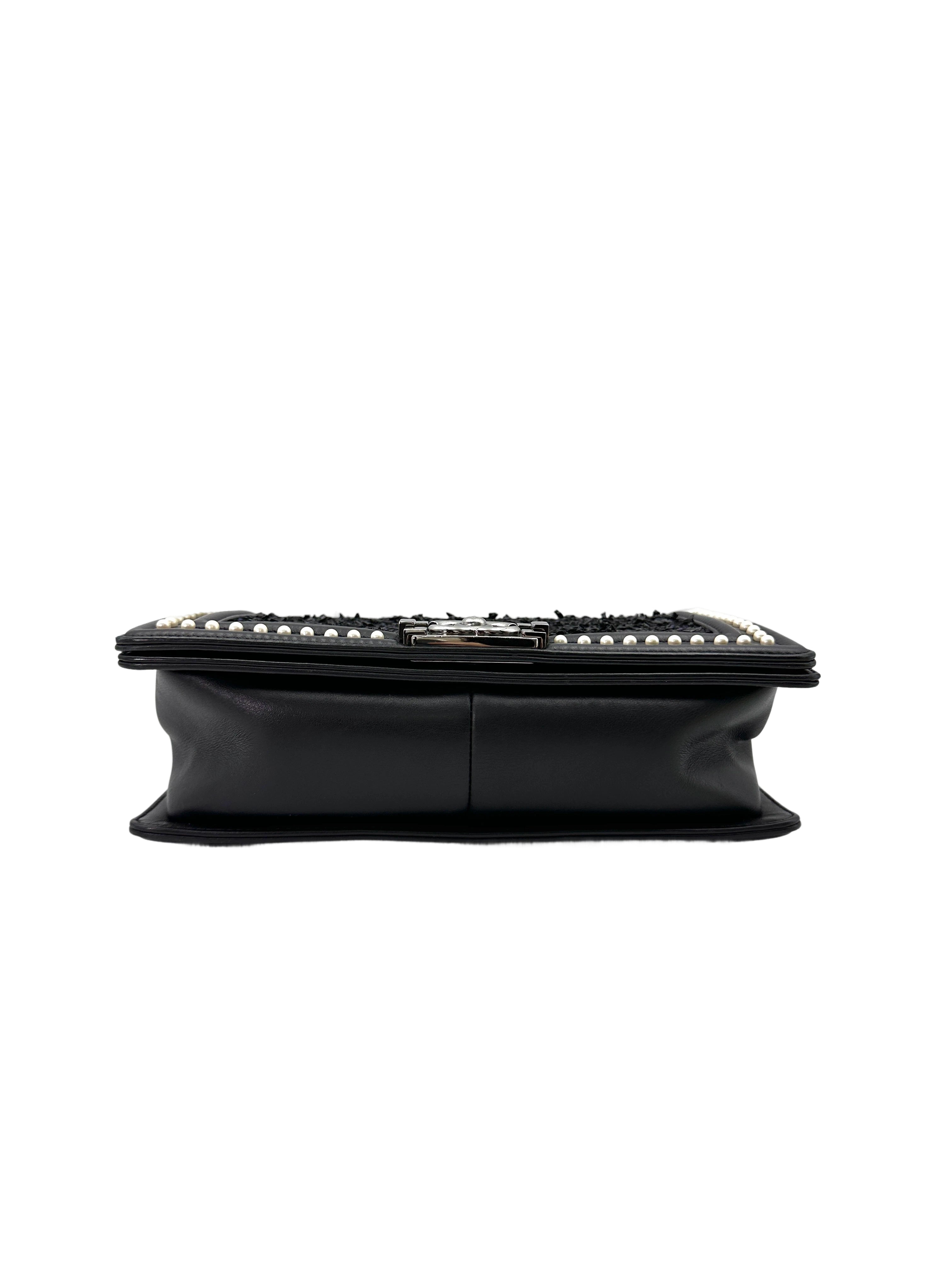 Chanel LeBoy Black Tweed With Pearl Embellishment Flap Bag With Silver Bucket(26***62) CC1822
