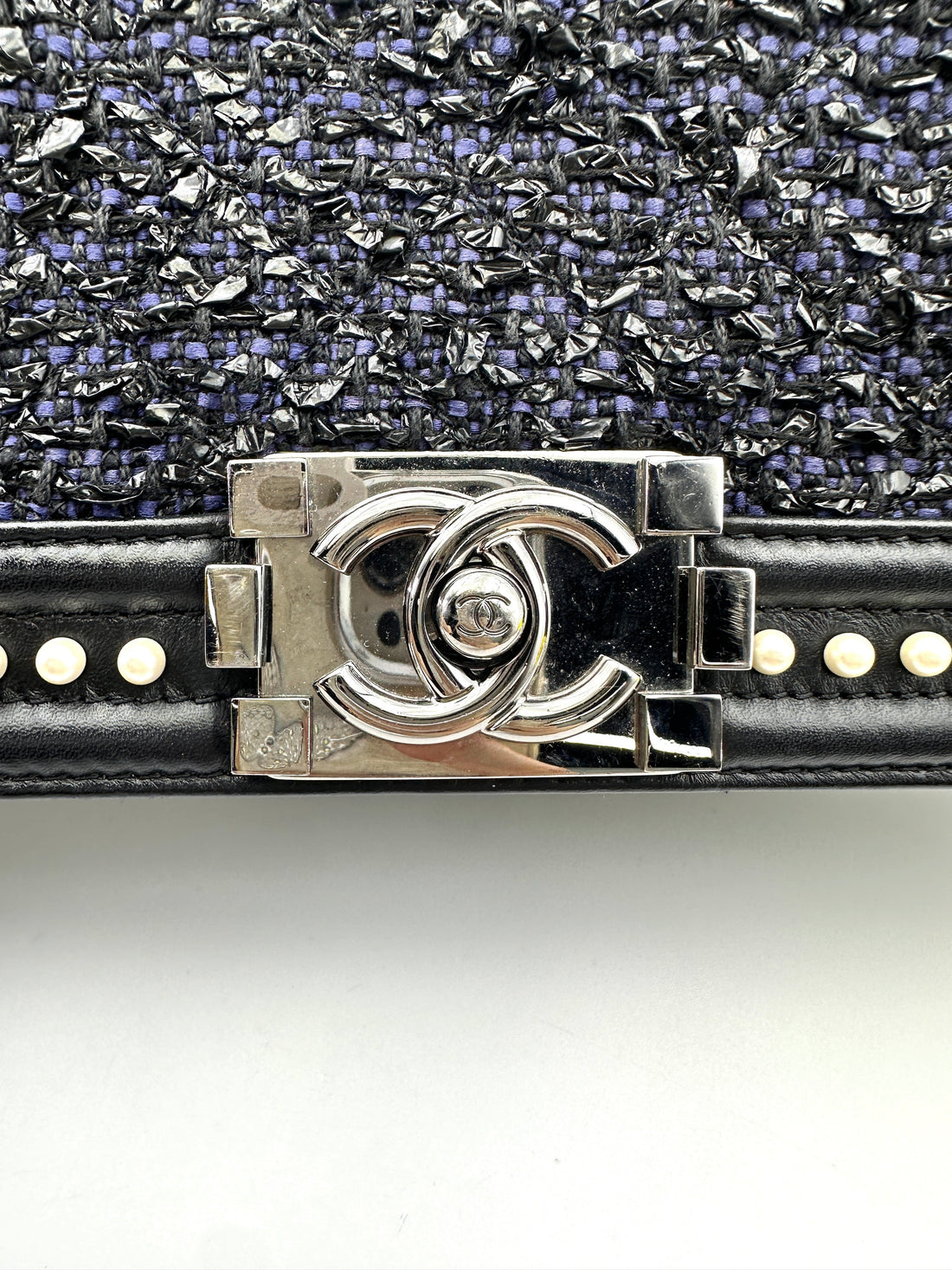 Chanel LeBoy Black Tweed With Pearl Embellishment Flap Bag With Silver Bucket(26***62) CC1822