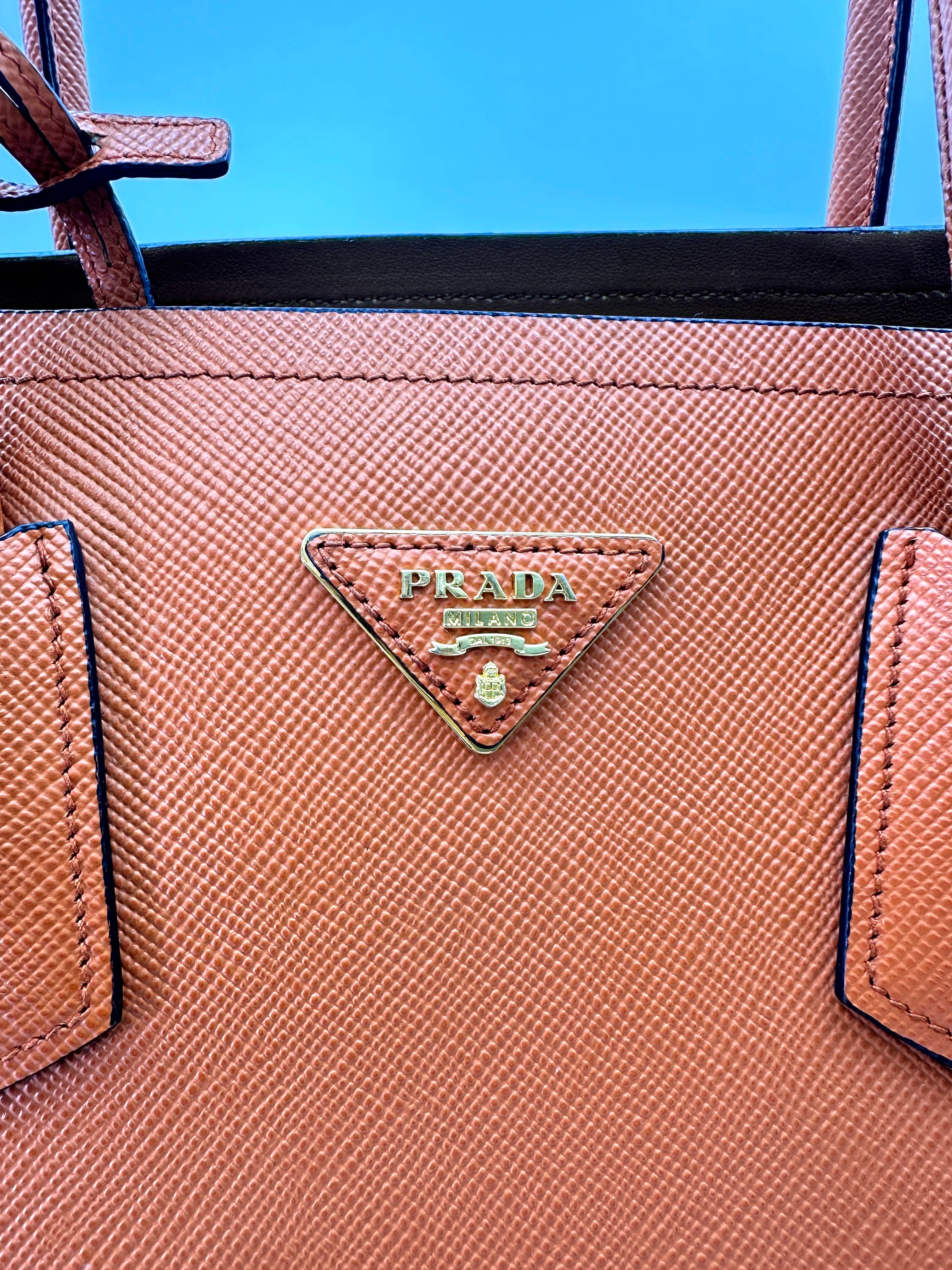 Prada Double Orange Saffiano Cuir Leather Handle Bag PR286