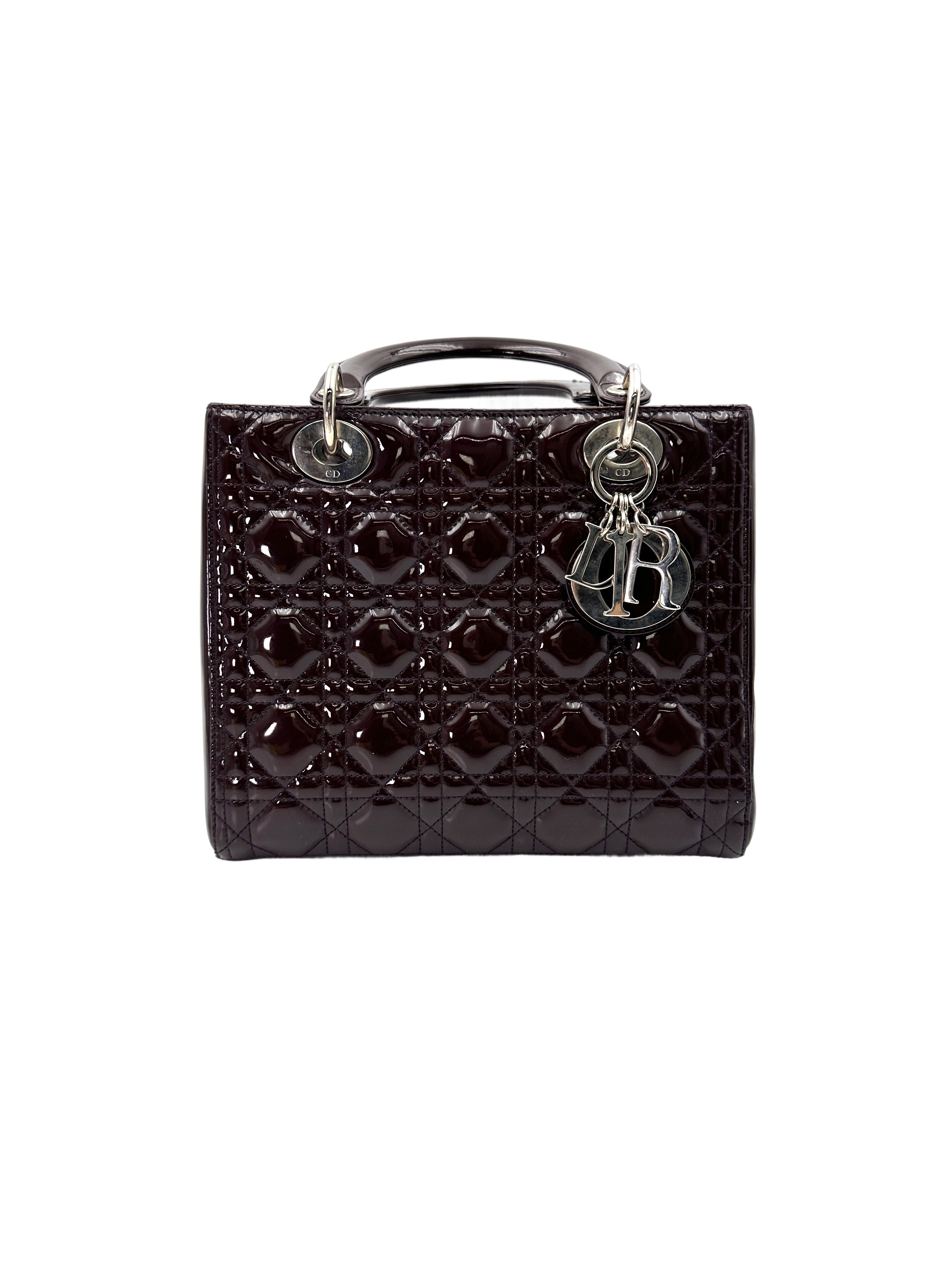 Christian Dior Lady Dior Dark Red Cannage Patent Leather Handle Bag With Silver Charms DR693