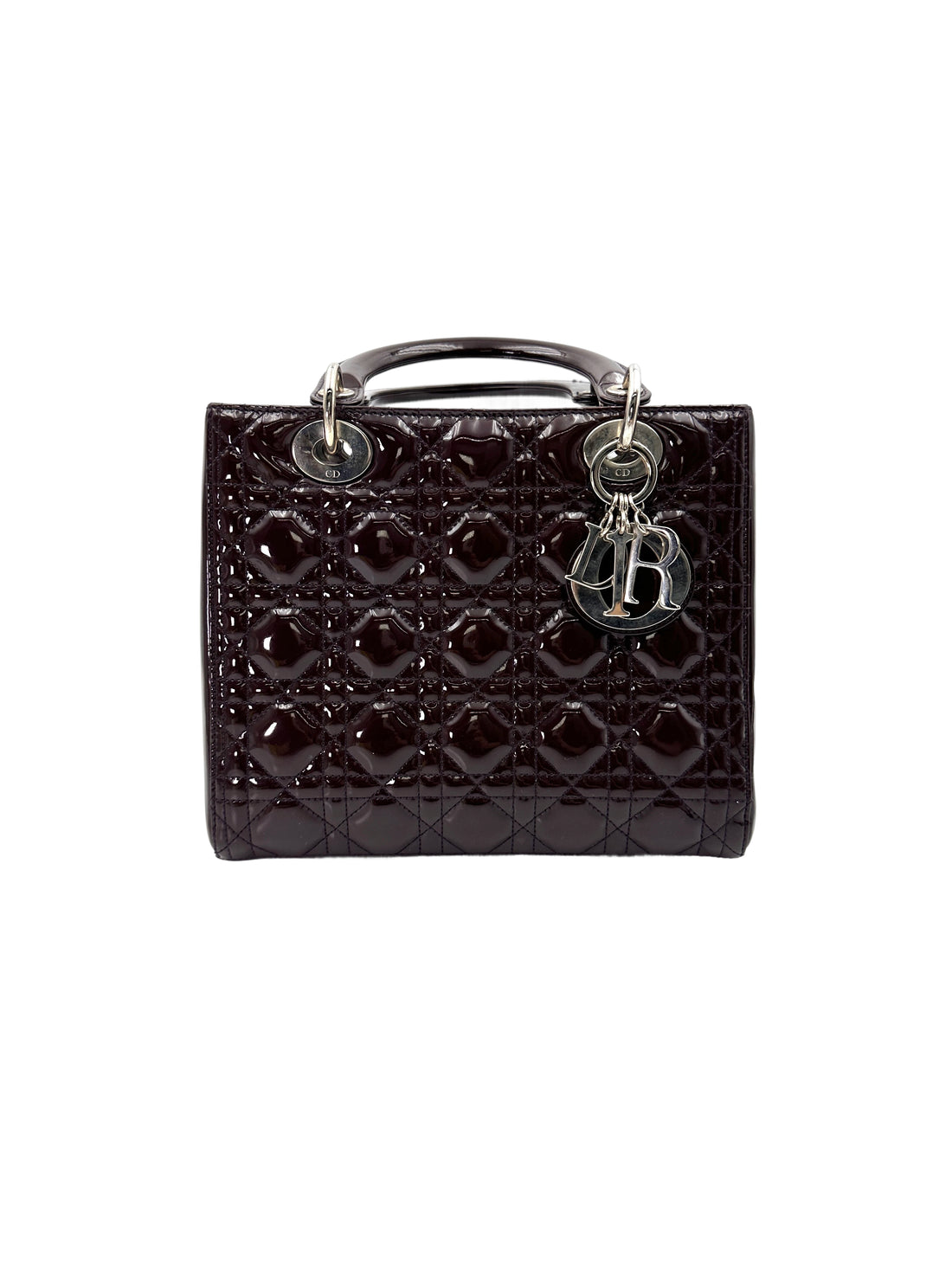 Christian Dior Lady Dior Dark Red Cannage Patent Leather Handle Bag With Silver Charms DR693
