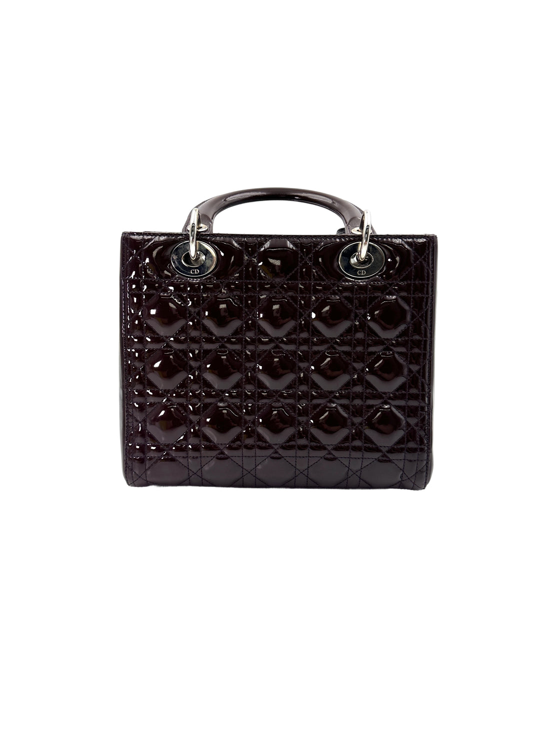 Christian Dior Lady Dior Dark Red Cannage Patent Leather Handle Bag With Silver Charms DR693