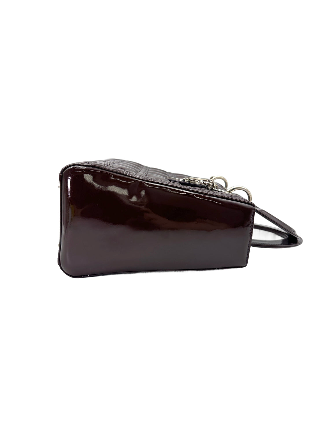 Christian Dior Lady Dior Dark Red Cannage Patent Leather Handle Bag With Silver Charms DR693