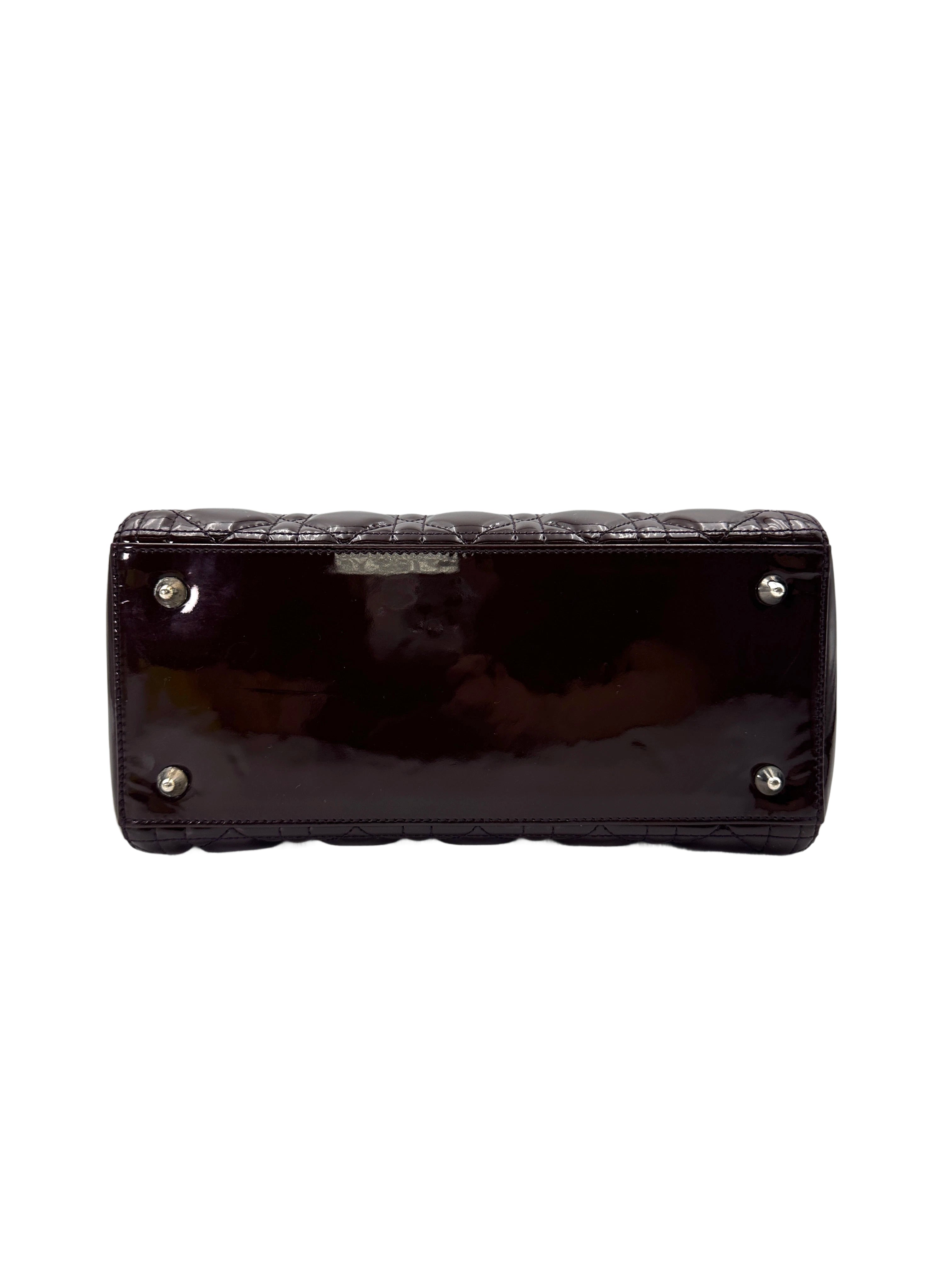 Christian Dior Lady Dior Dark Red Cannage Patent Leather Handle Bag With Silver Charms DR693