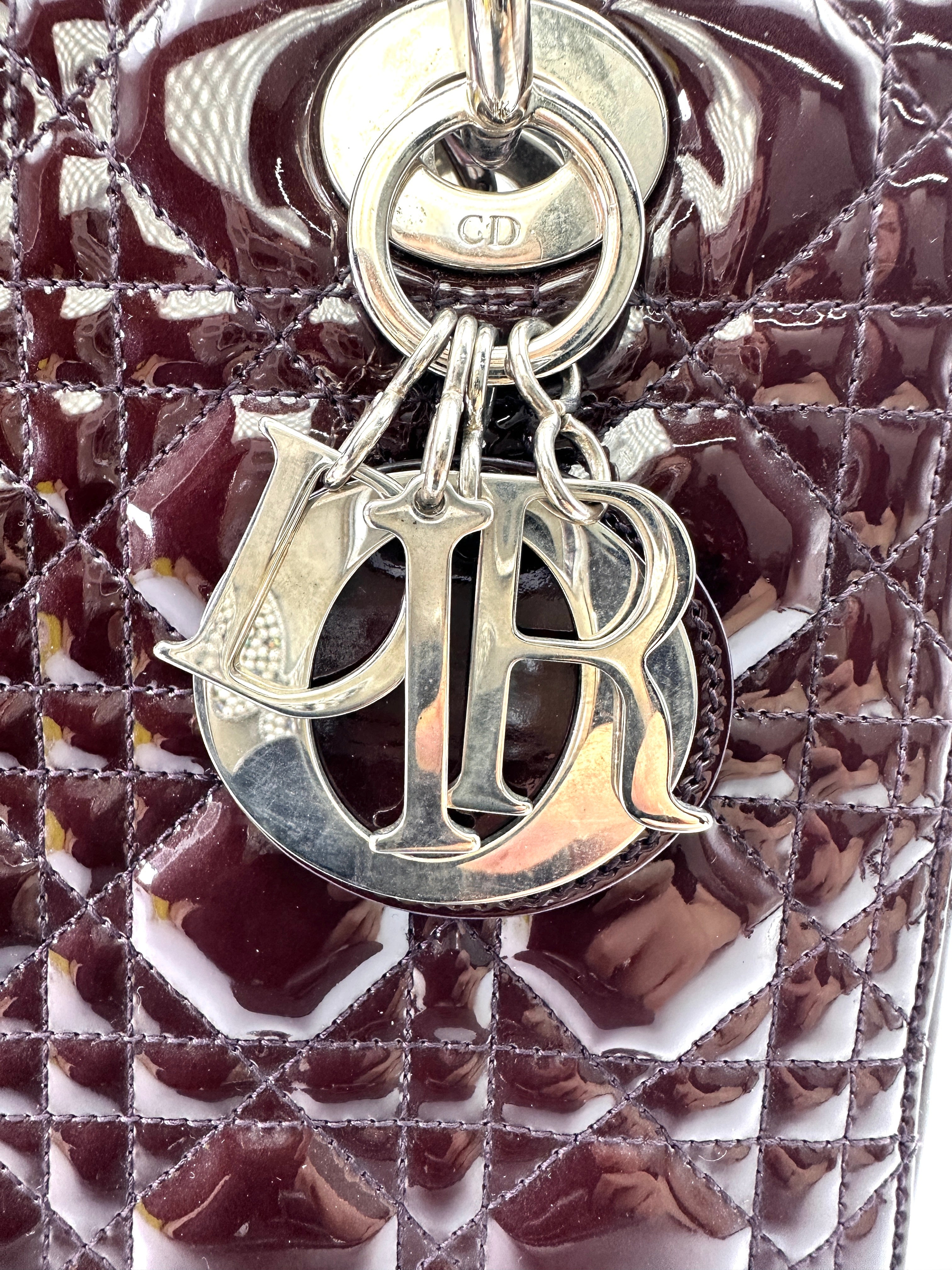 Christian Dior Lady Dior Dark Red Cannage Patent Leather Handle Bag With Silver Charms DR693