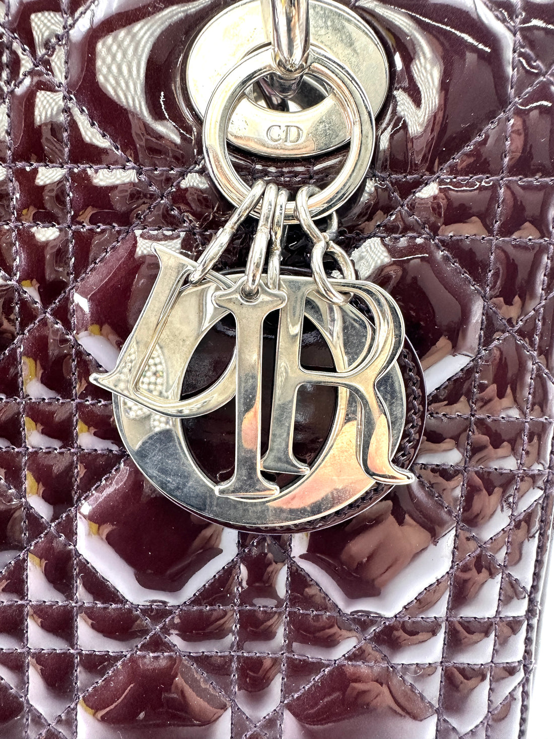 Christian Dior Lady Dior Dark Red Cannage Patent Leather Handle Bag With Silver Charms DR693